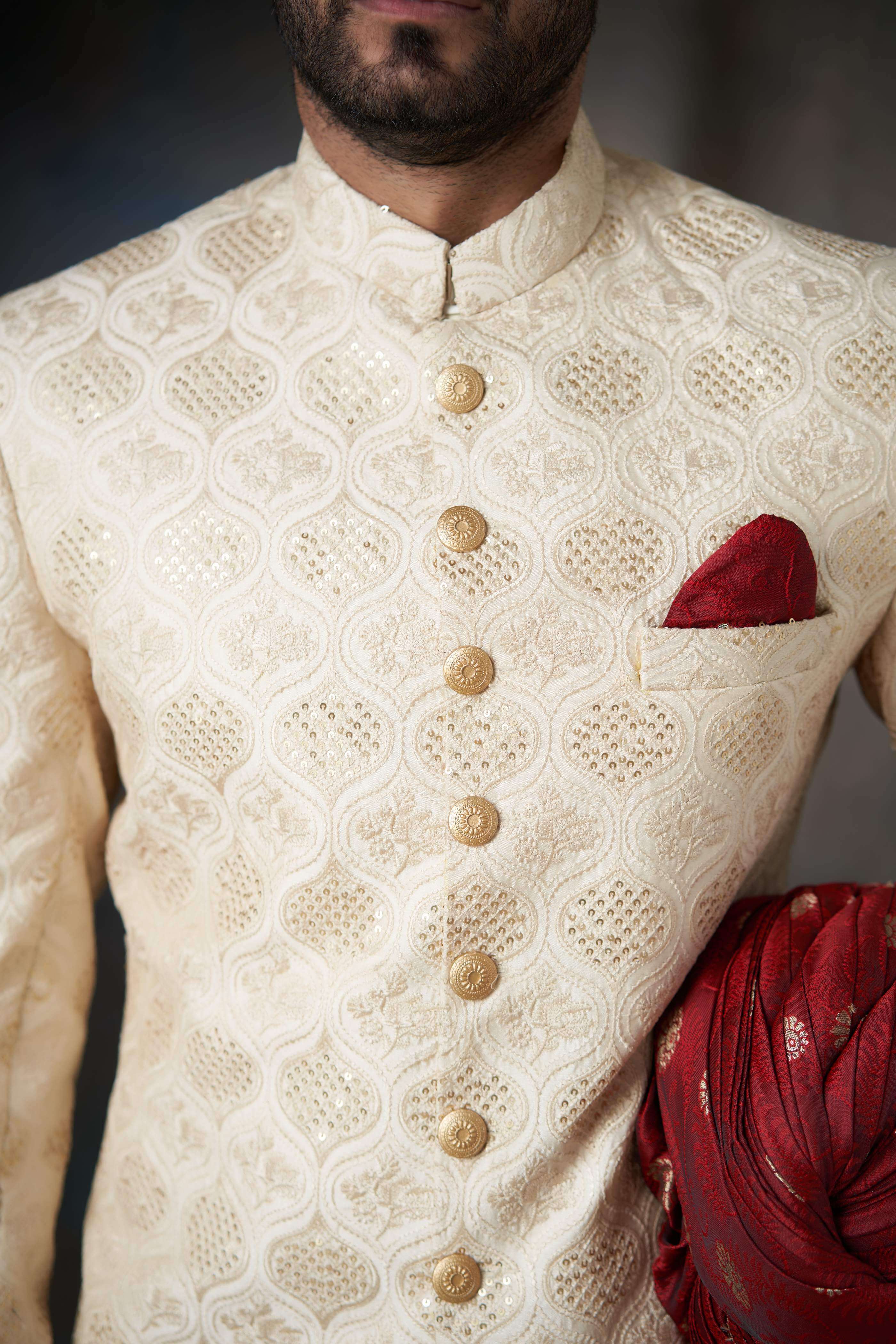 Fawn Gold Embroidered Raw Silk Groom Sherwani (2-Piece) - Image 4