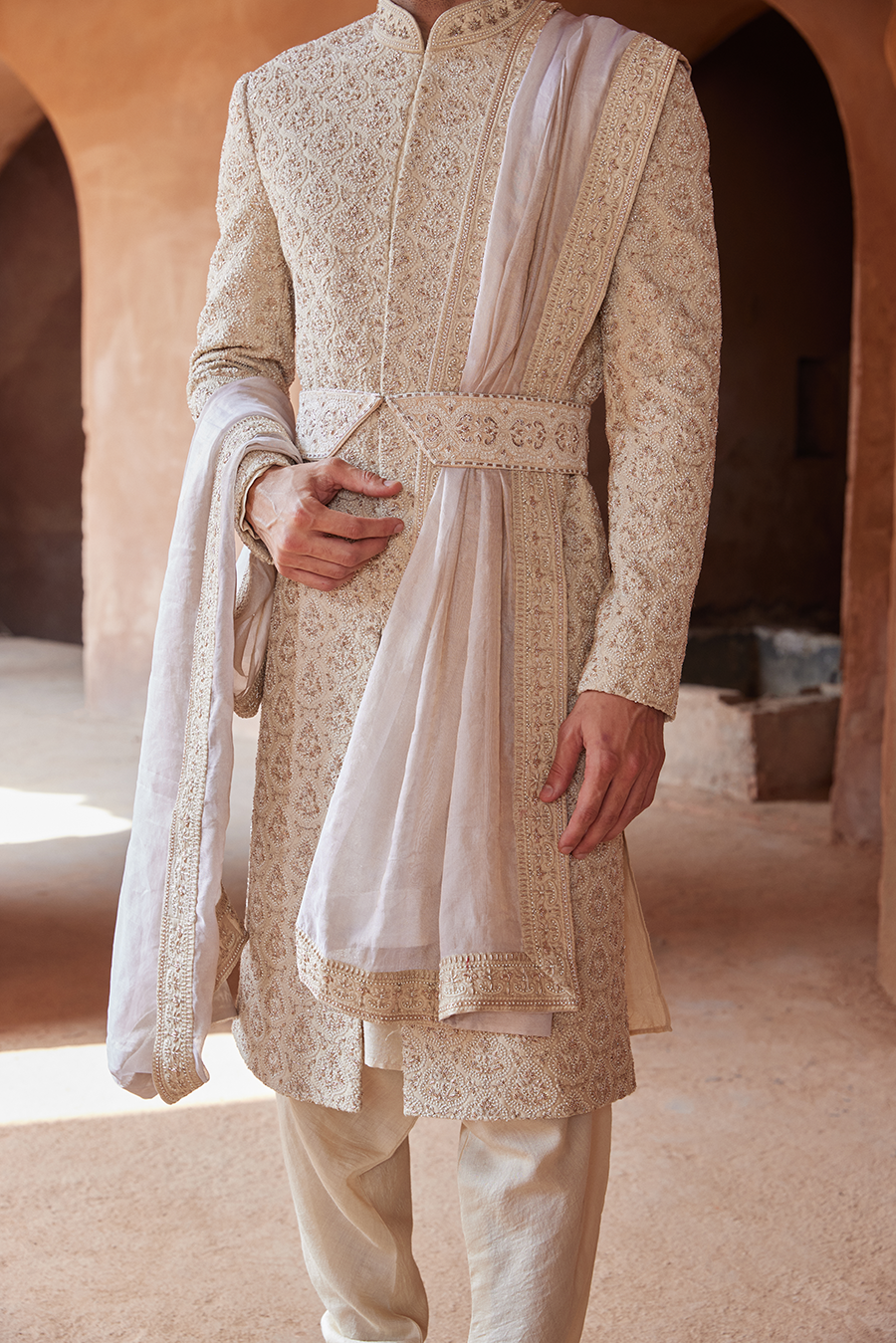 Light Beige Embroidered Raw Silk Sherwani (3-Piece) - Image 4