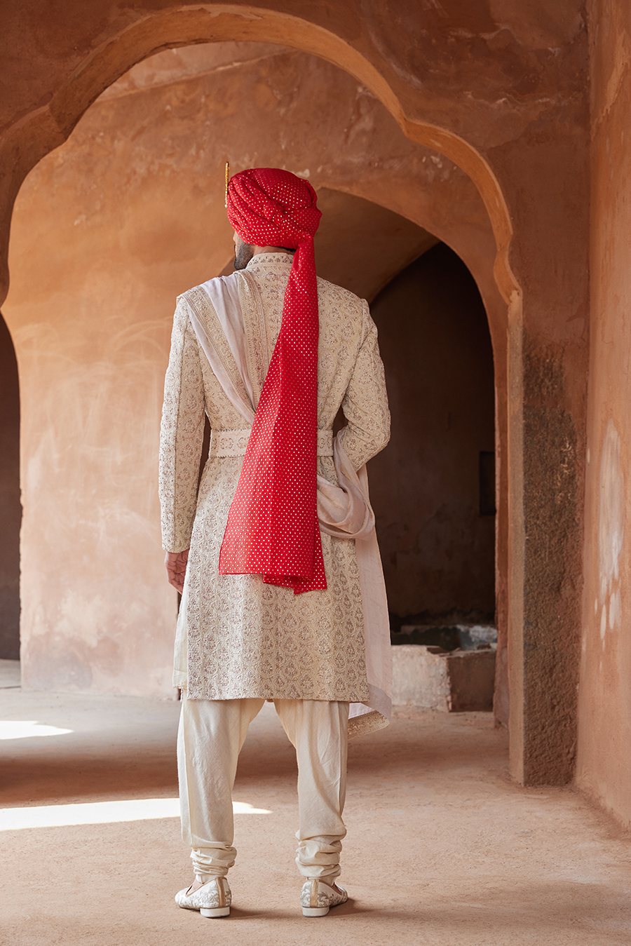 Light Beige Embroidered Raw Silk Sherwani (3-Piece) - Image 5