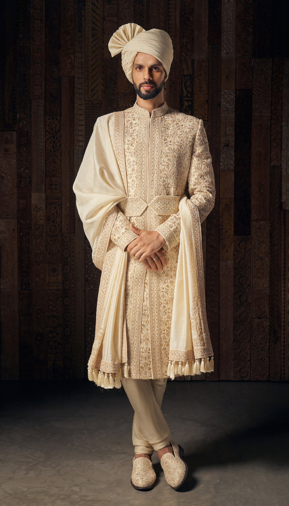 Almond Beige Embroidered Raw Silk Sherwani (3-Piece) - Image 1