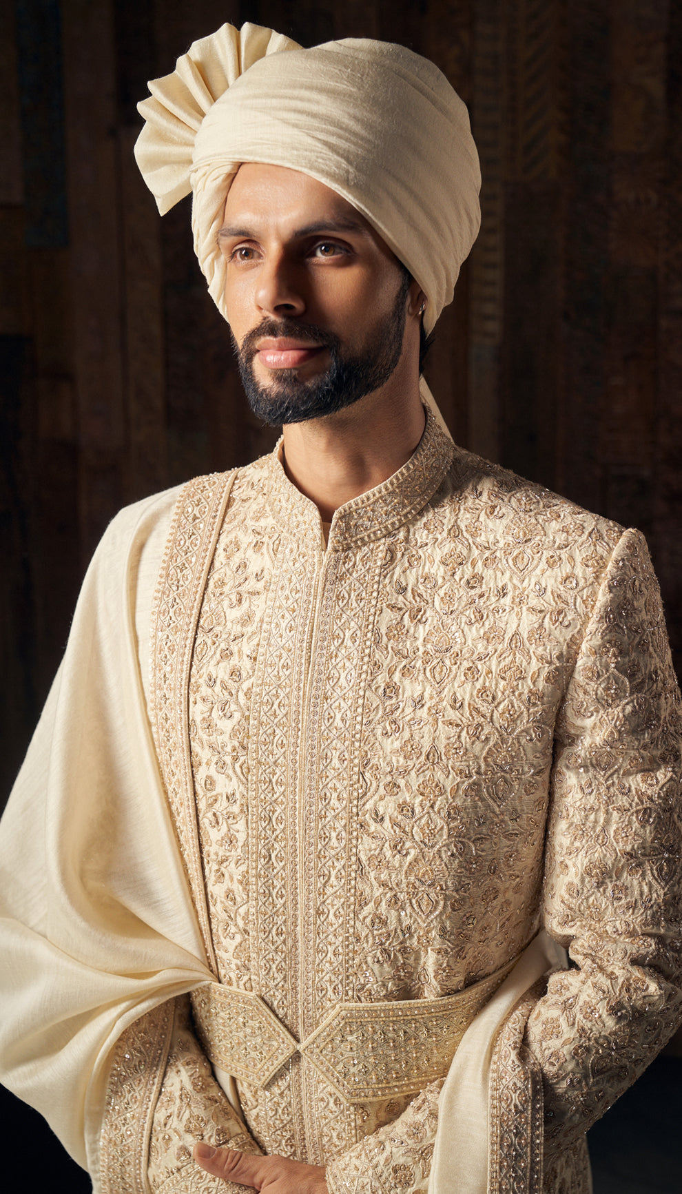 Almond Beige Embroidered Raw Silk Sherwani (3-Piece) - Image 2