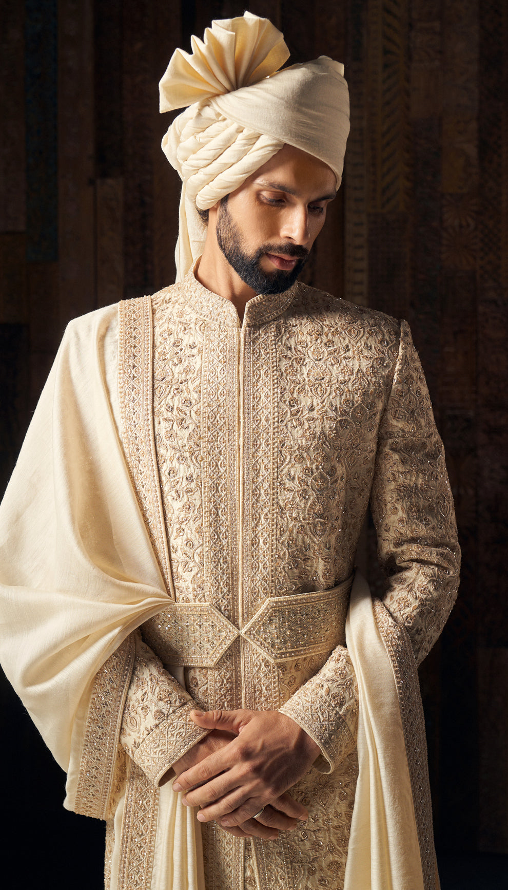 Almond Beige Embroidered Raw Silk Sherwani (3-Piece) - Image 3