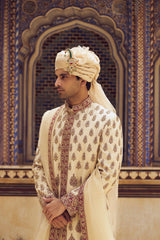 Beige Zardozi Raw Silk Sherwani (3-Piece) - Image 4