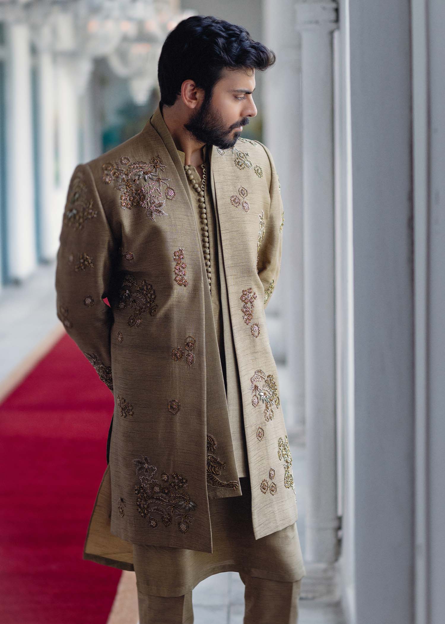 Beige Embroidered Korean Rawsilk Sherwani (3-Piece) - Image 1