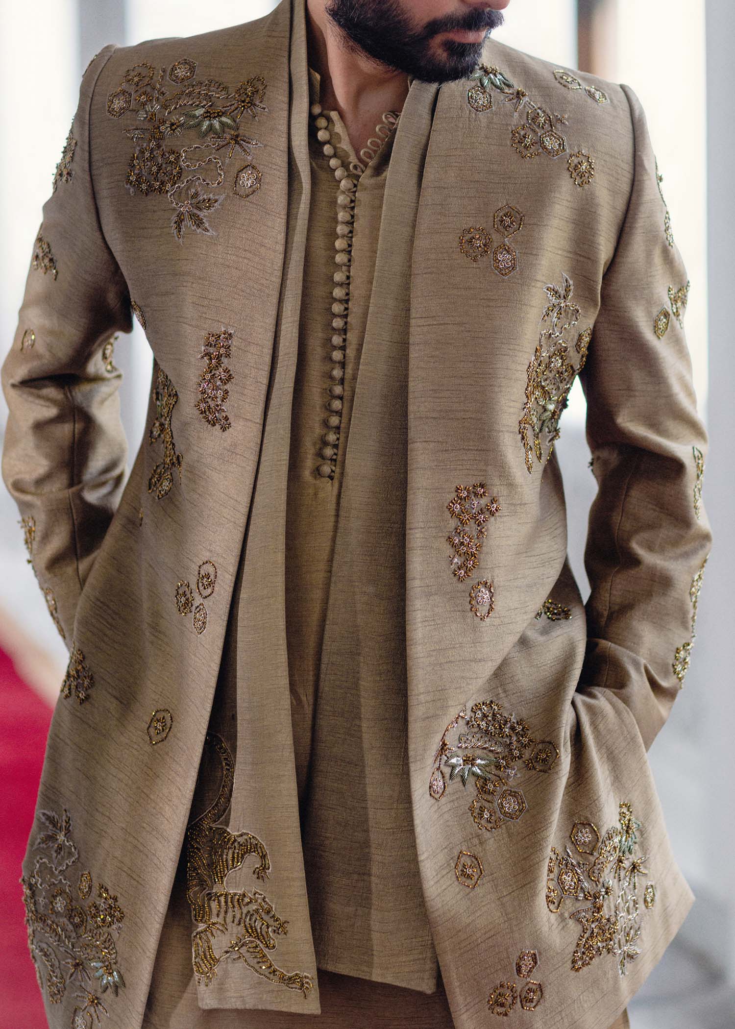 Beige Embroidered Korean Rawsilk Sherwani (3-Piece) - Image 2