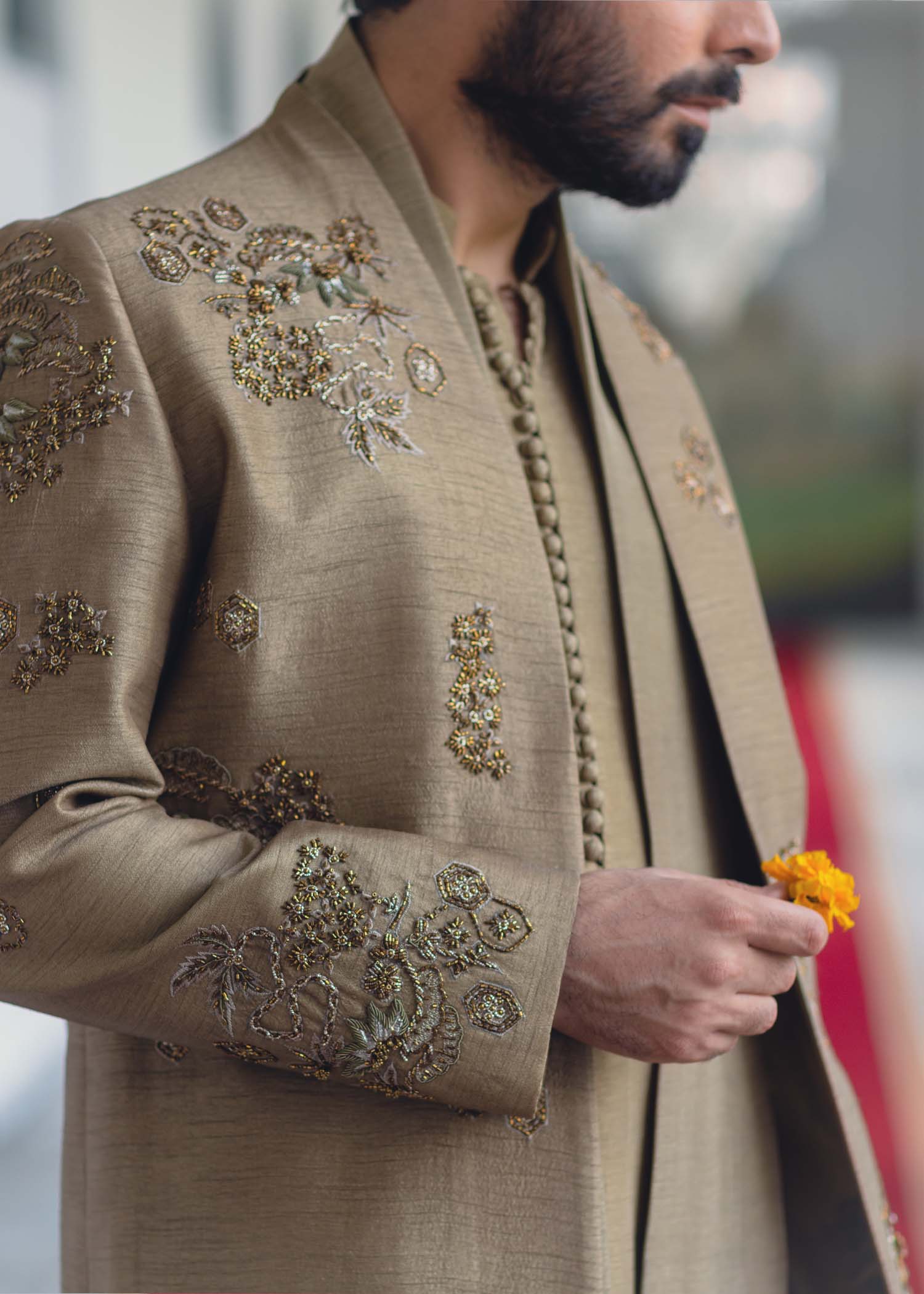Beige Embroidered Korean Rawsilk Sherwani (3-Piece) - Image 3