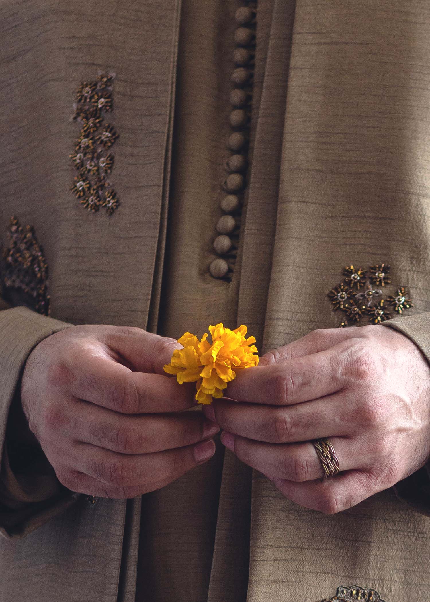 Beige Embroidered Korean Rawsilk Sherwani (3-Piece) - Image 4