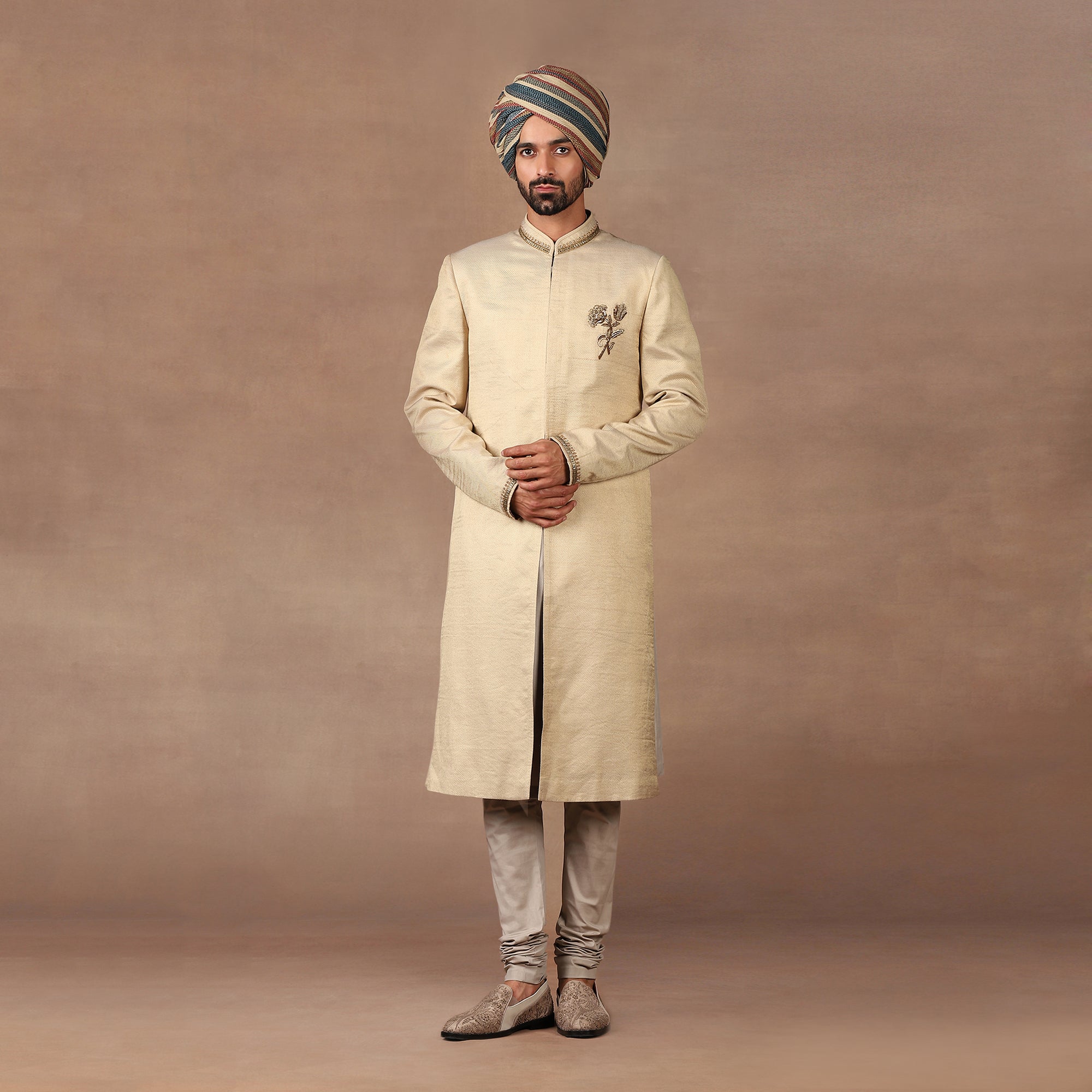 Soft Beige Silk Sherwani with Antique Gold Embroidery (3-Piece) - Image 1