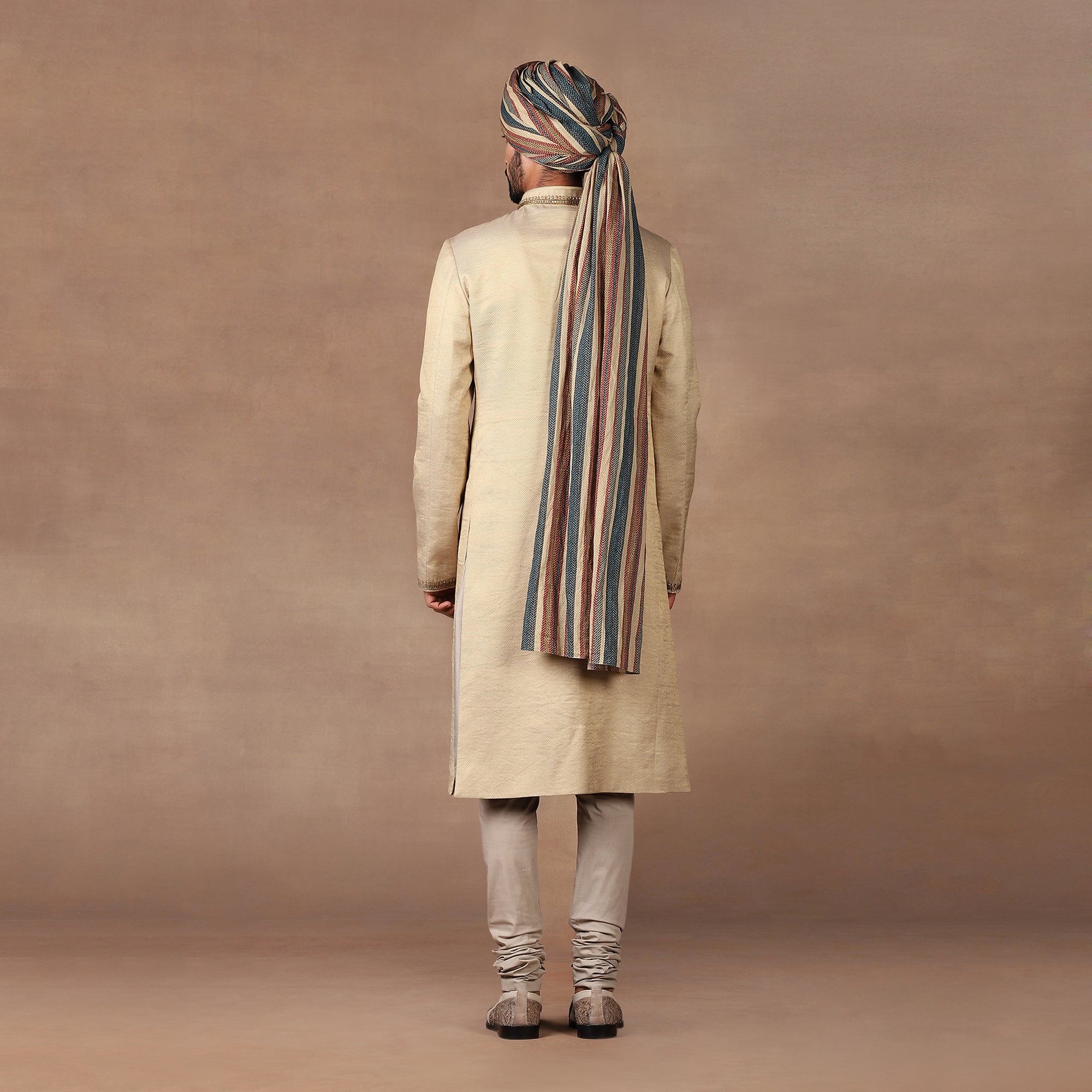 Soft Beige Silk Sherwani with Antique Gold Embroidery (3-Piece) - Image 2