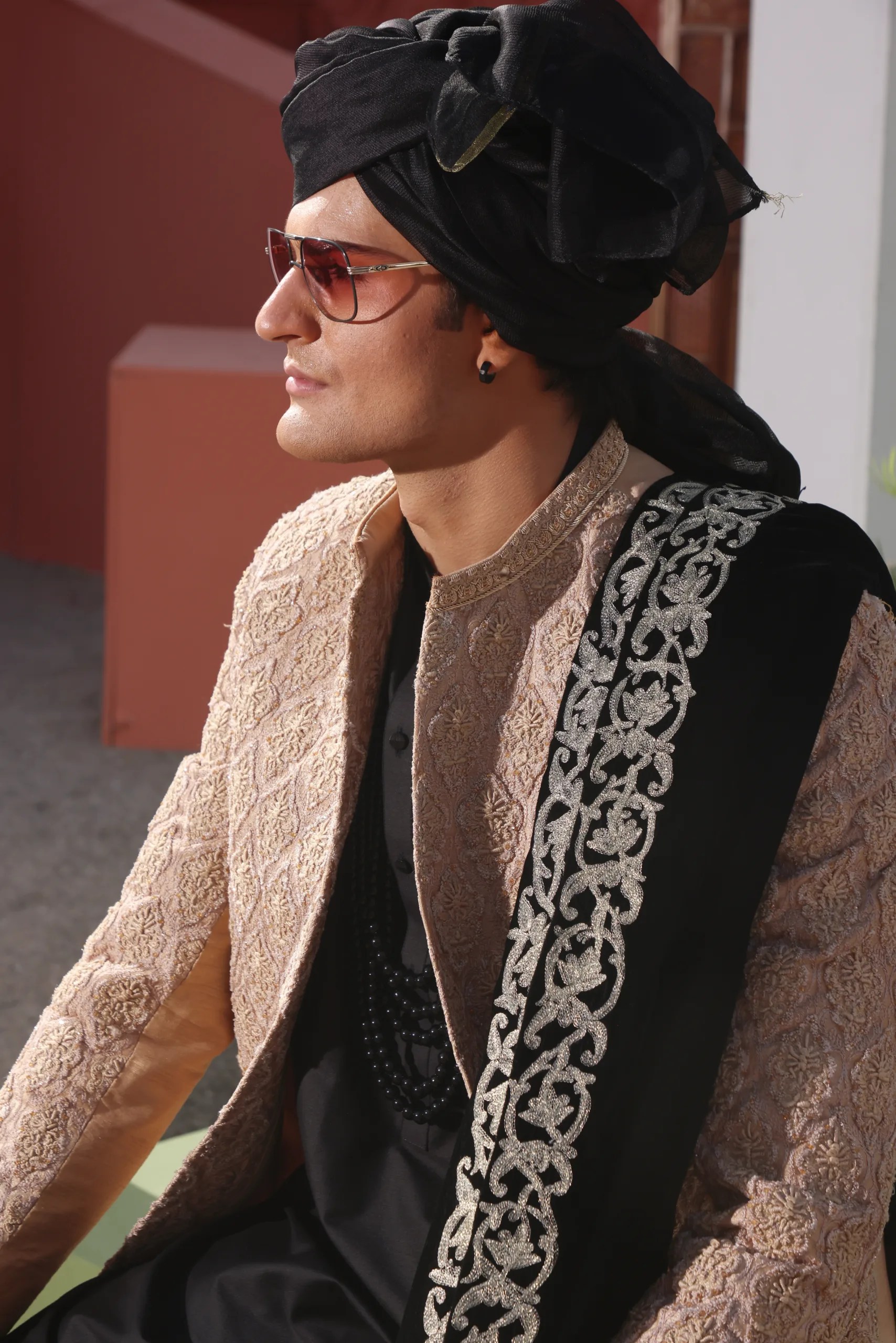 Nude Beige Embroidered Silk-Blend Groom Sherwani (3-Piece) - Image 1