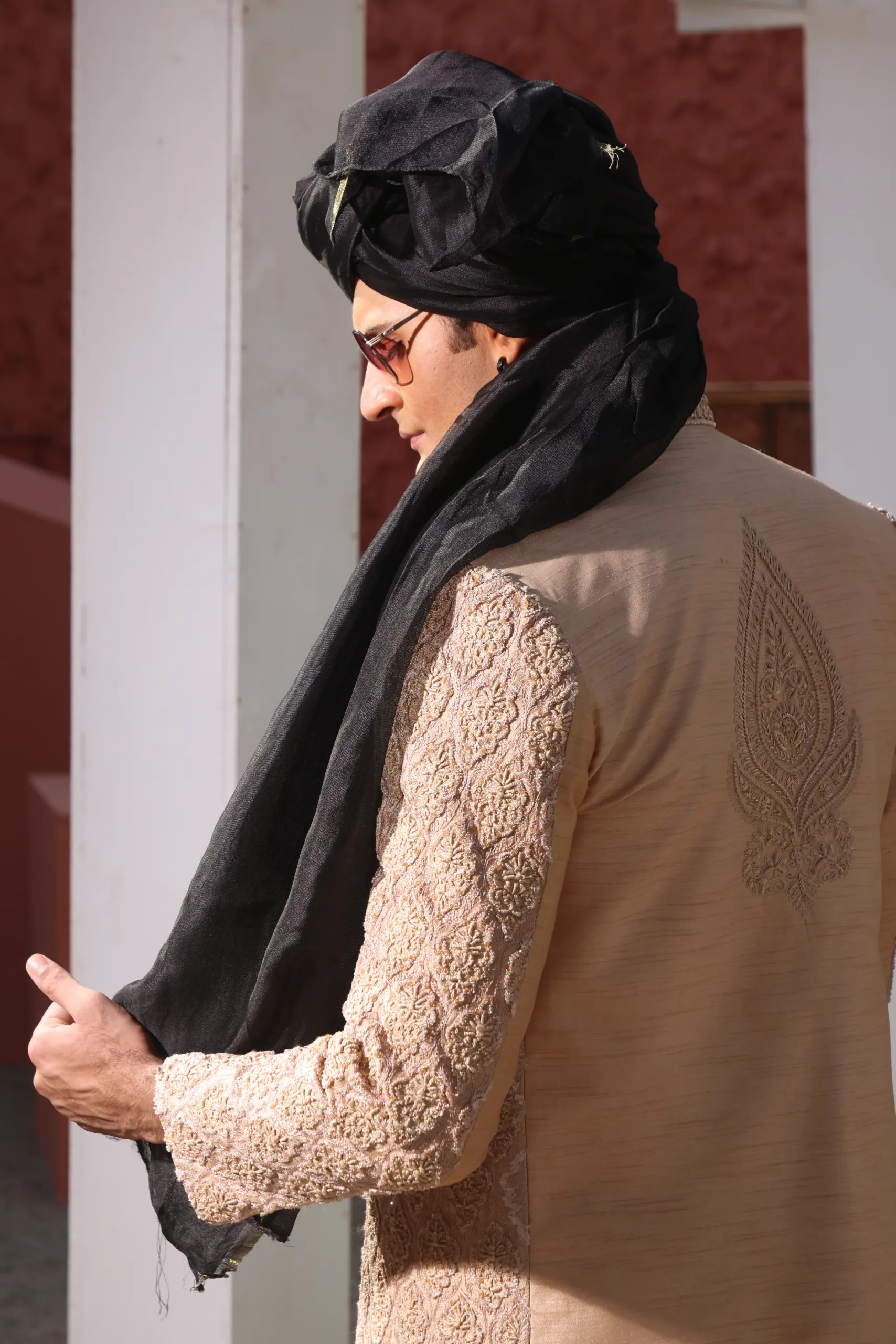 Nude Beige Embroidered Silk-Blend Groom Sherwani (3-Piece) - Image 2