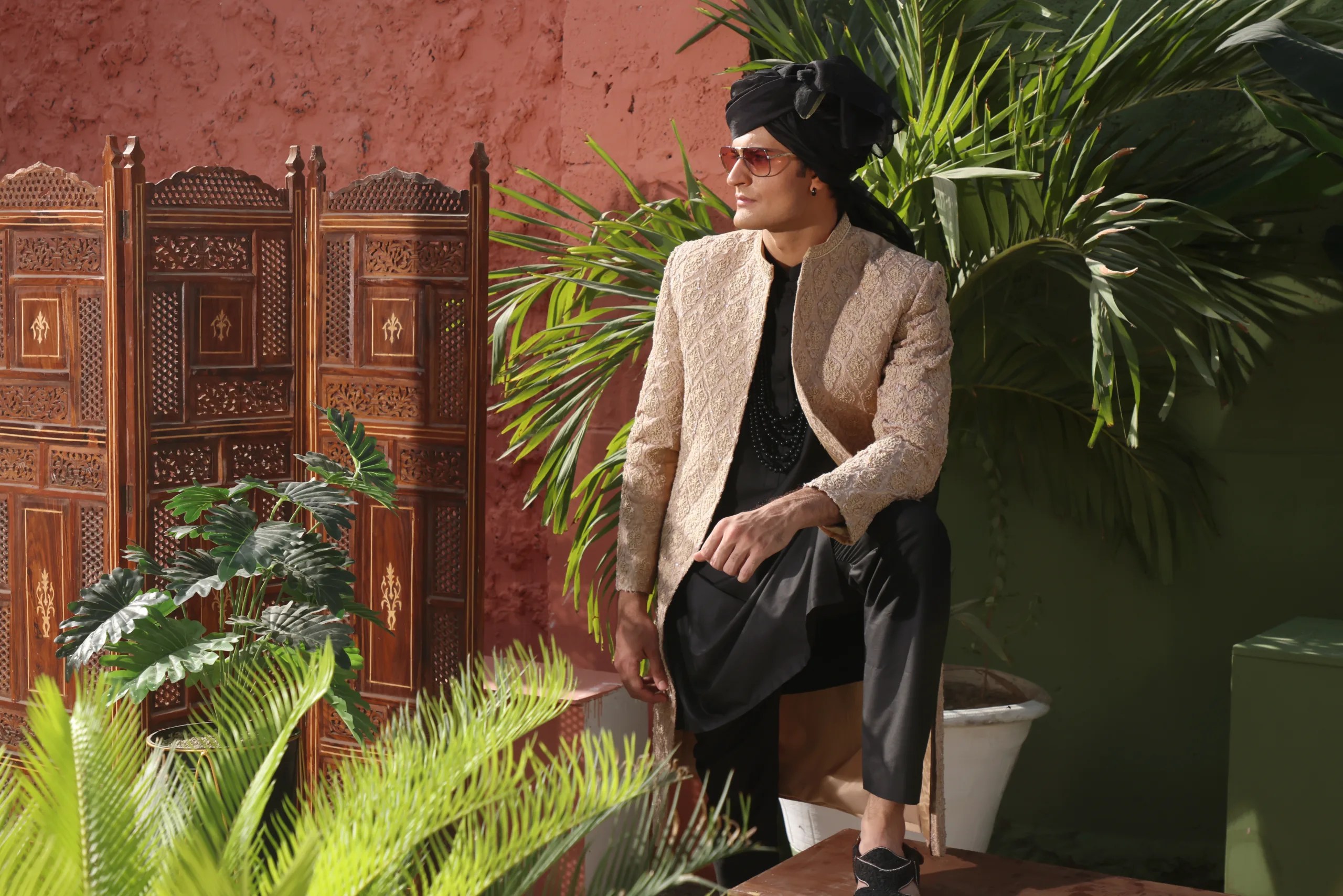 Nude Beige Embroidered Silk-Blend Groom Sherwani (3-Piece) - Image 5