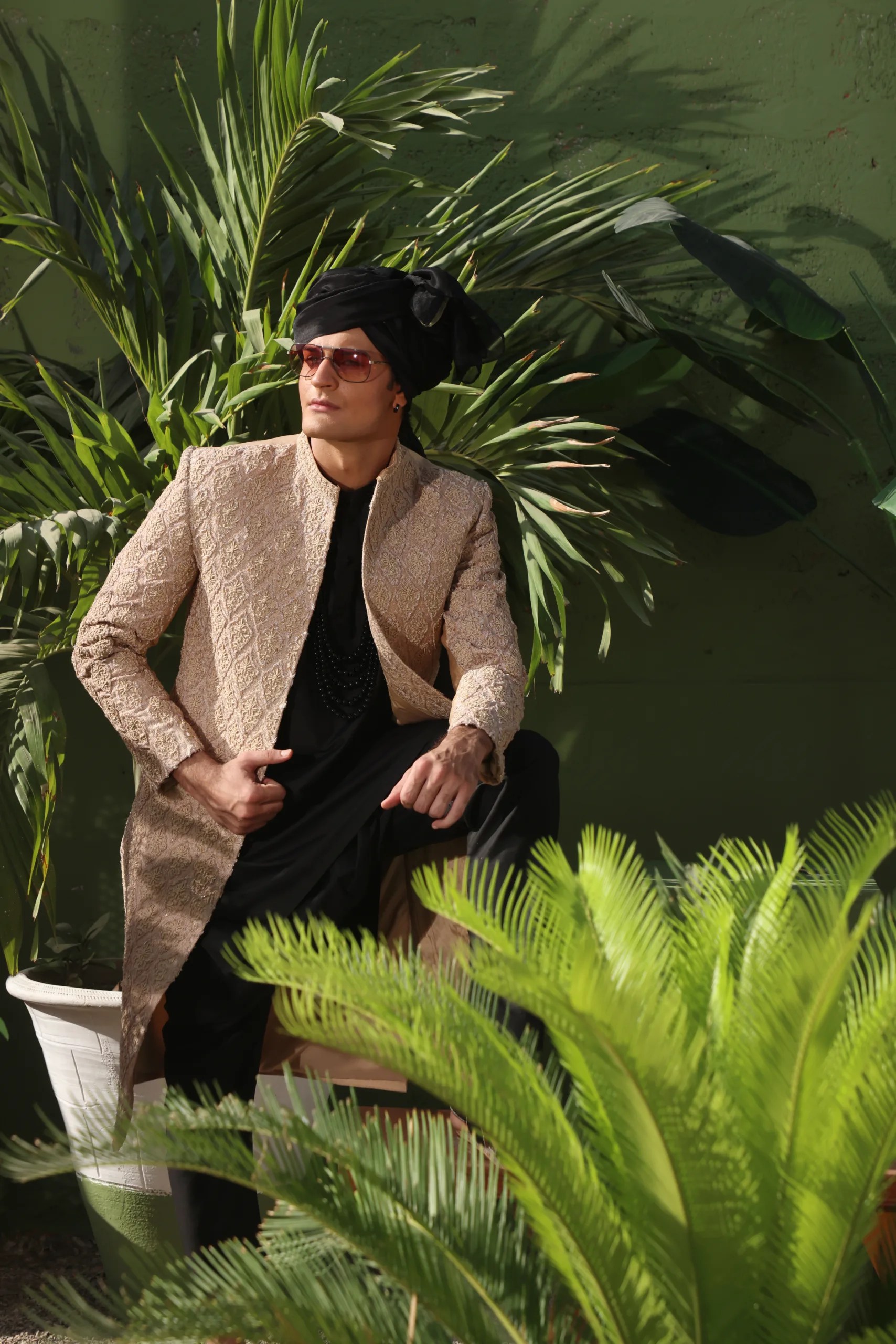 Nude Beige Embroidered Silk-Blend Groom Sherwani (3-Piece) - Image 6