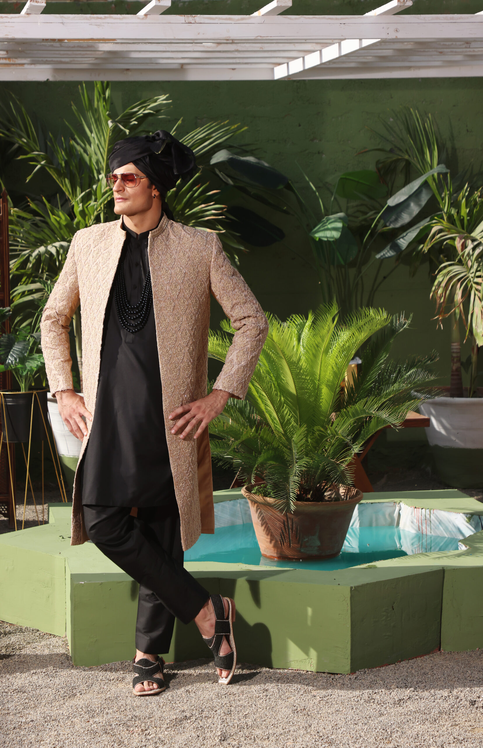 Nude Beige Embroidered Silk-Blend Groom Sherwani (3-Piece) - Image 7