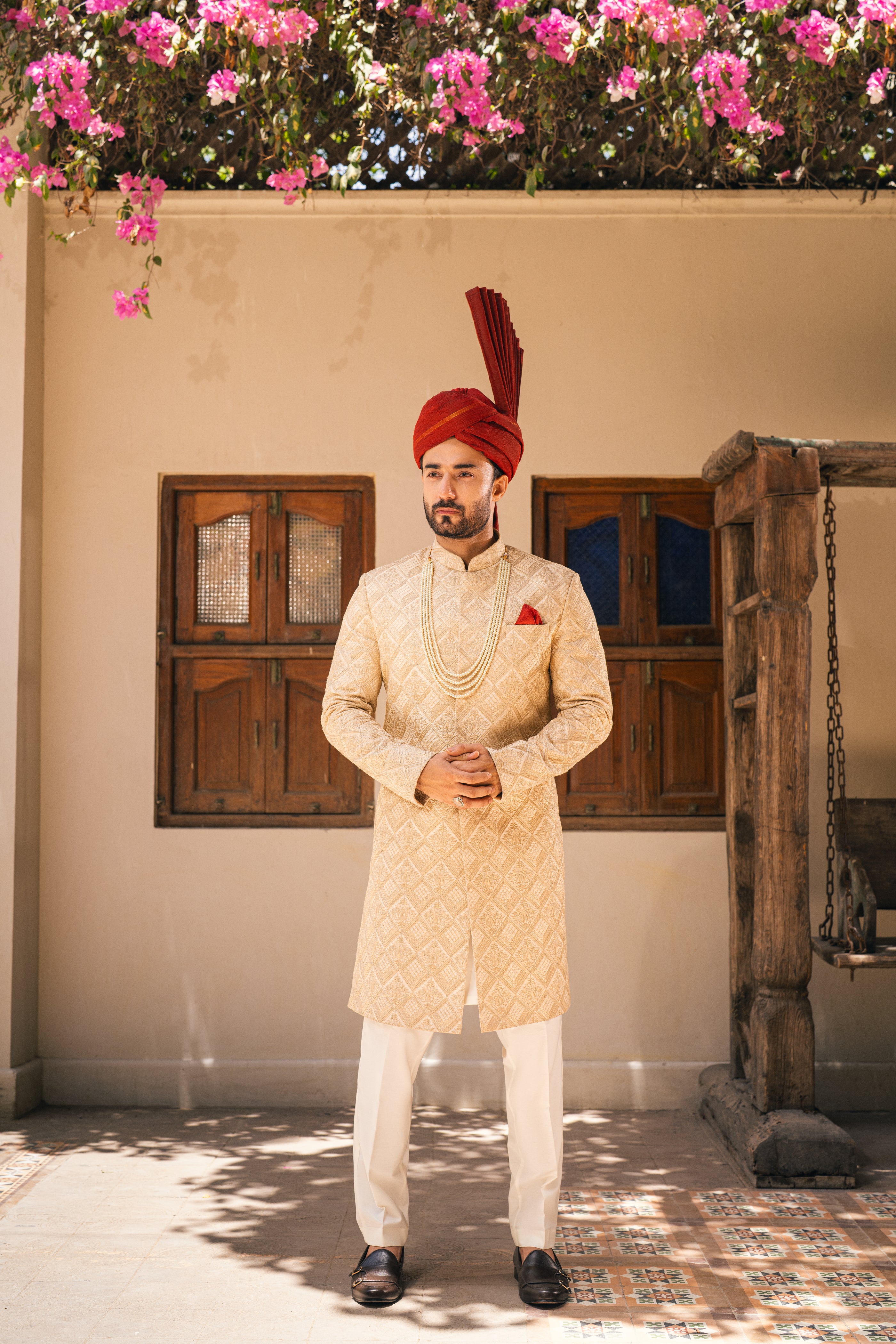 Beige Embroidered Silk-Blend Groom Sherwani (3-Piece) - Image 2