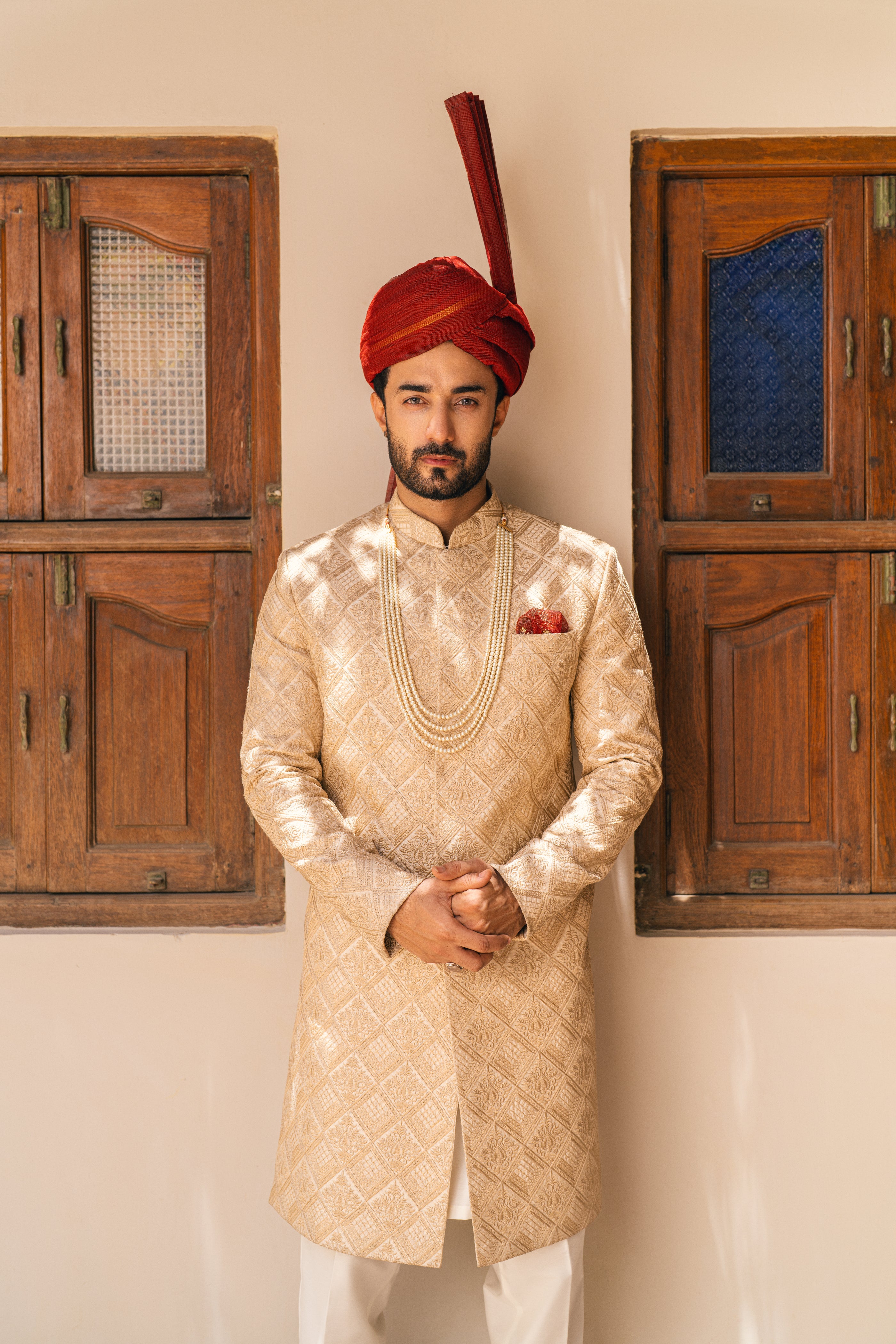 Beige Embroidered Silk-Blend Groom Sherwani (3-Piece) - Image 3