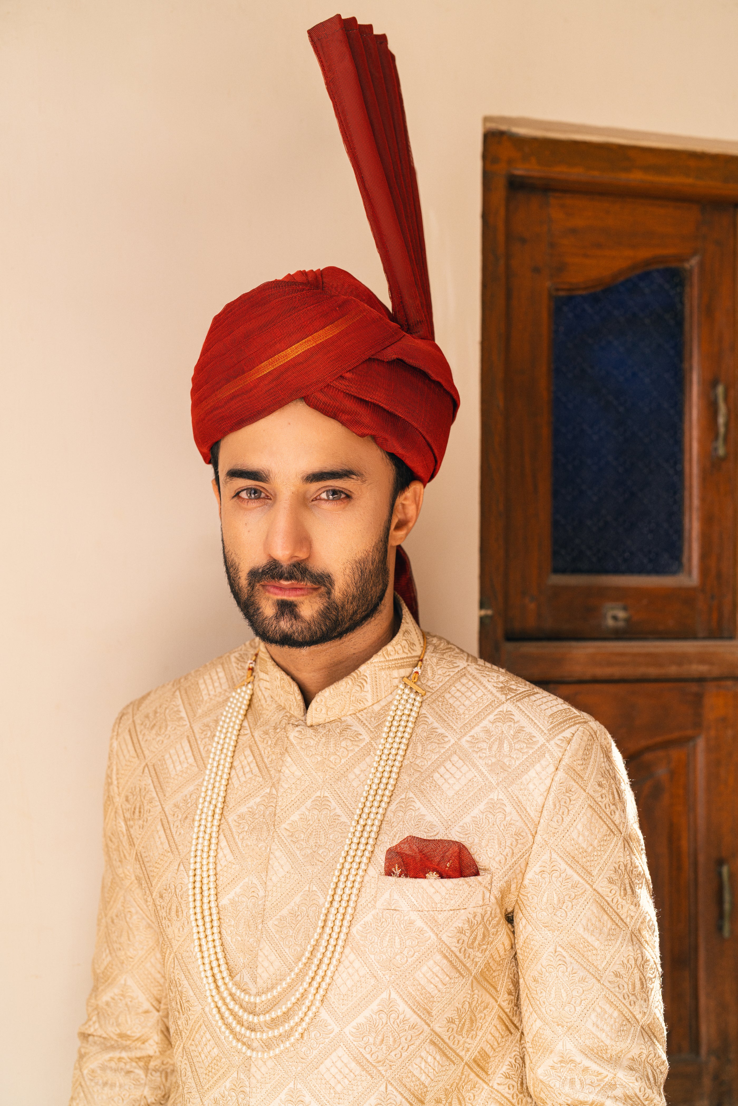 Beige Embroidered Silk-Blend Groom Sherwani (3-Piece) - Image 4