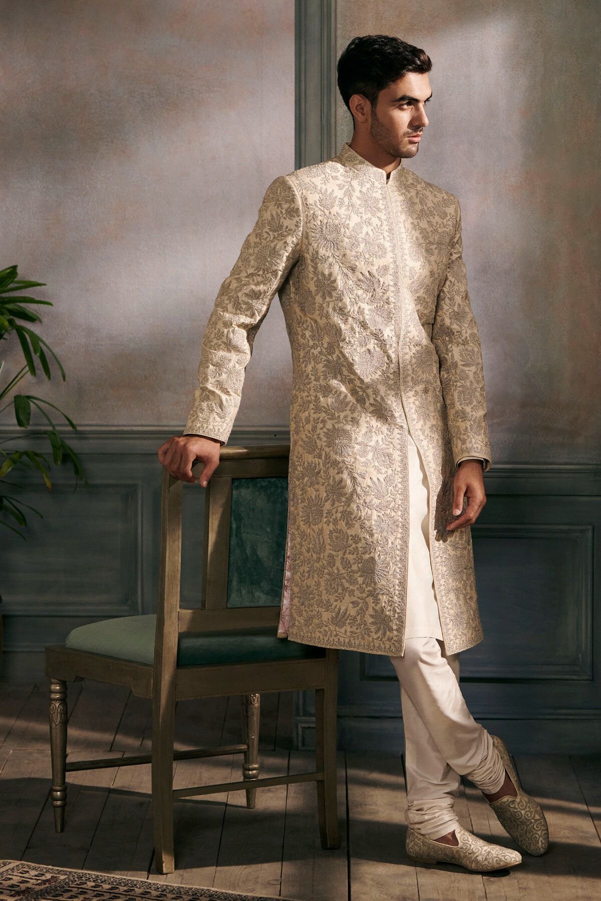 Beige Rose-Gold Embroidered Silk Sherwani (2-Piece) - Image 1