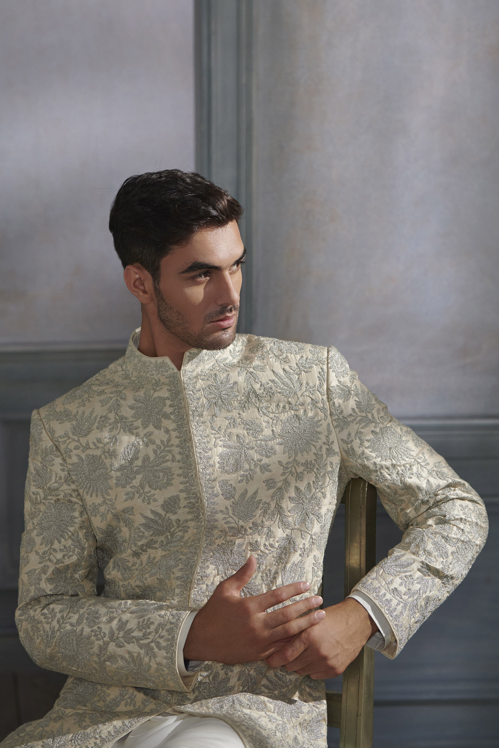 Beige Rose-Gold Embroidered Silk Sherwani (2-Piece) - Image 2