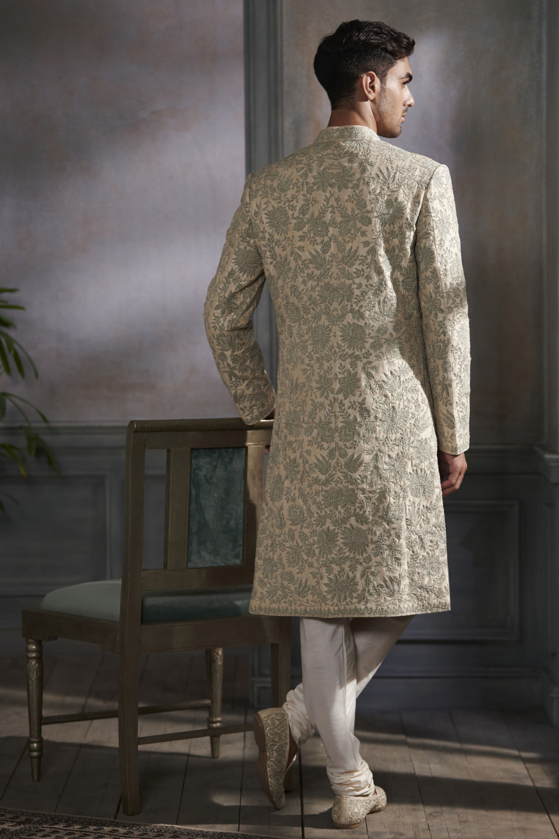 Beige Rose-Gold Embroidered Silk Sherwani (2-Piece) - Image 3