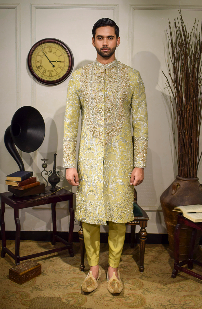 Beige Silk Sherwani with Silver & Gold Chandi Tilla (3-Piece) - Image 1
