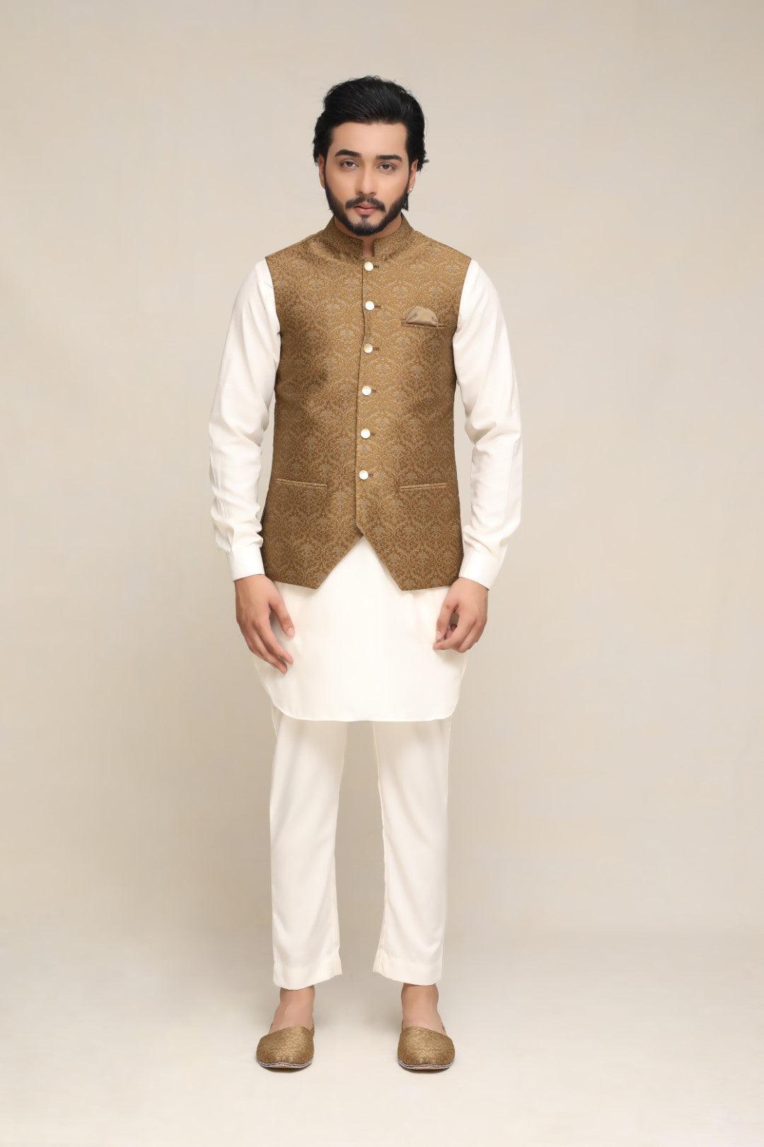 Dark Sand Jacquard Waistcoat Kurta Set (3-Piece) - Image 1