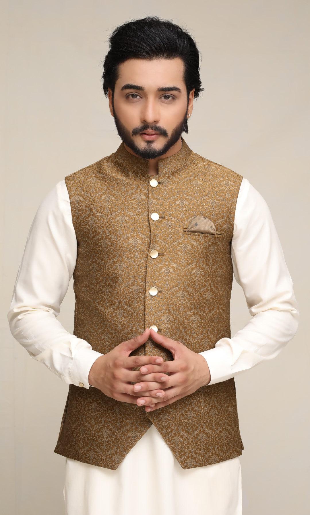 Dark Sand Jacquard Waistcoat Kurta Set (3-Piece) - Image 2