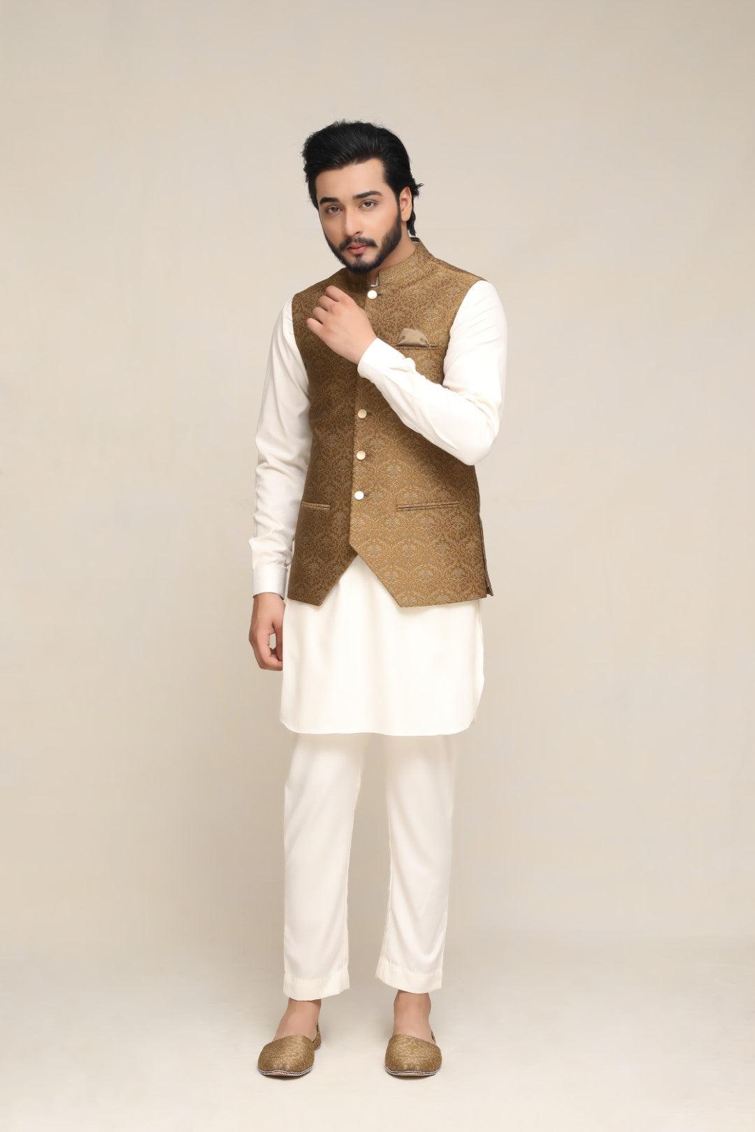 Dark Sand Jacquard Waistcoat Kurta Set (3-Piece) - Image 3