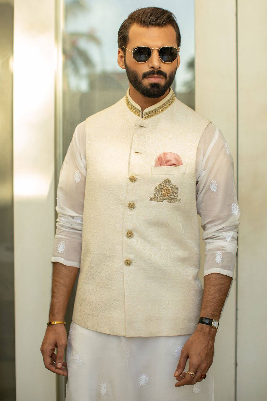 Beige Gold Hand Embroidered Jamawar Waistcoat (1-Pc) - Image 1