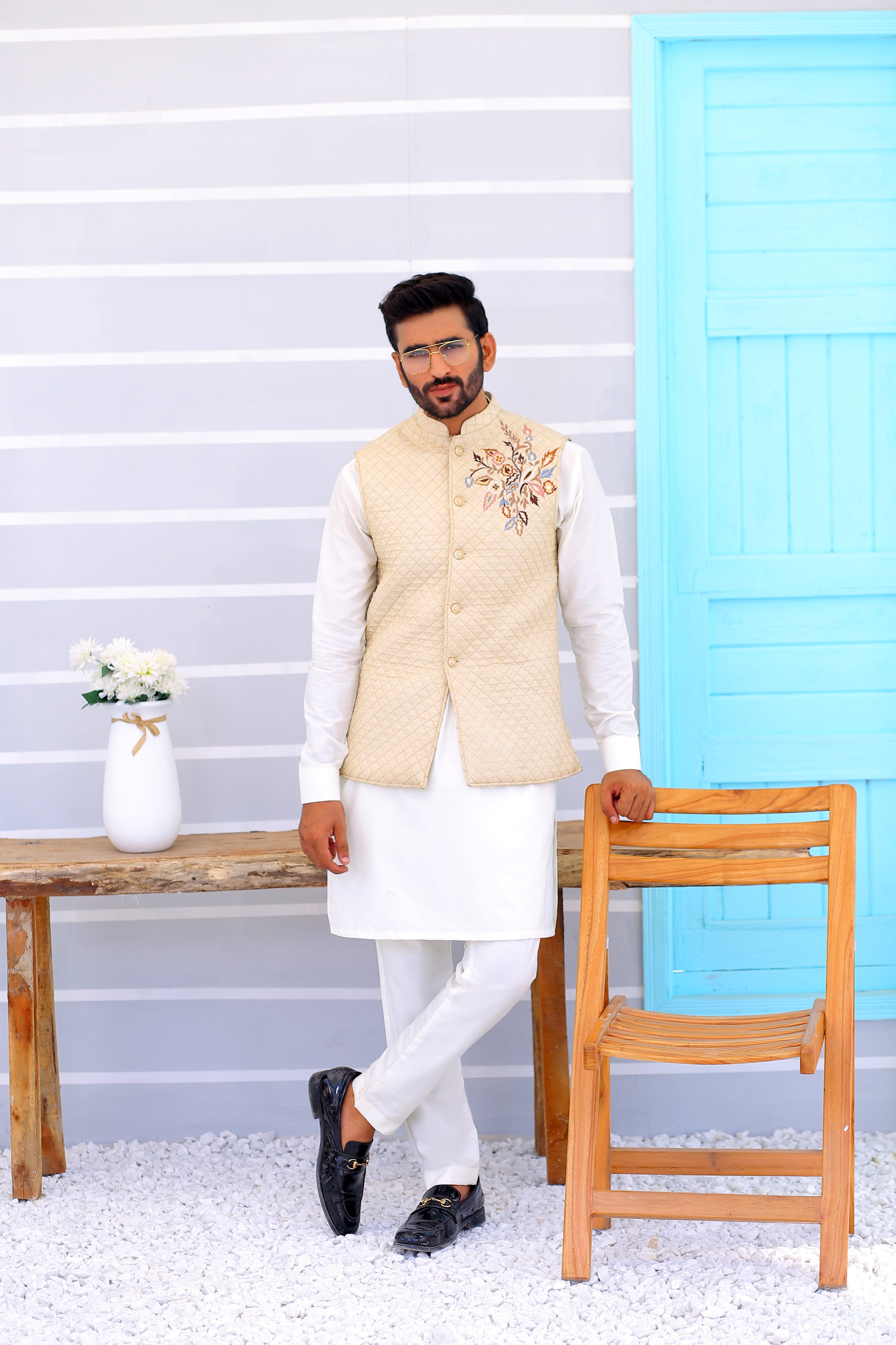 Beige Quilted Blended Fabric Waistcoat (3-Piece) - Image 5