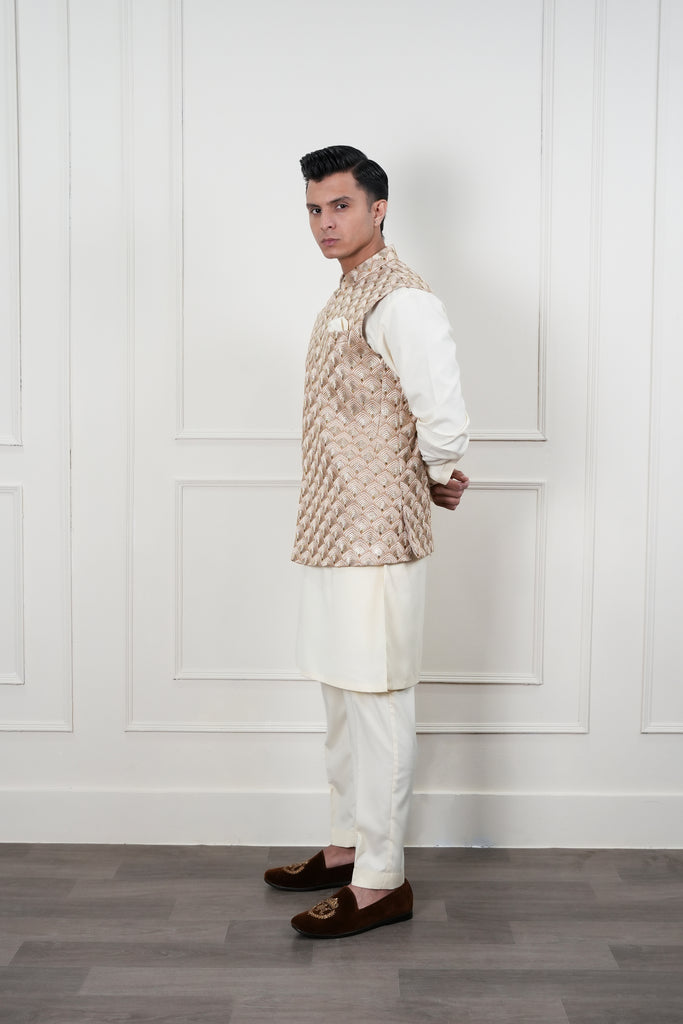 Beige Self-Embroidered Waistcoat Kurta Pajama (3-Piece) - Image 1