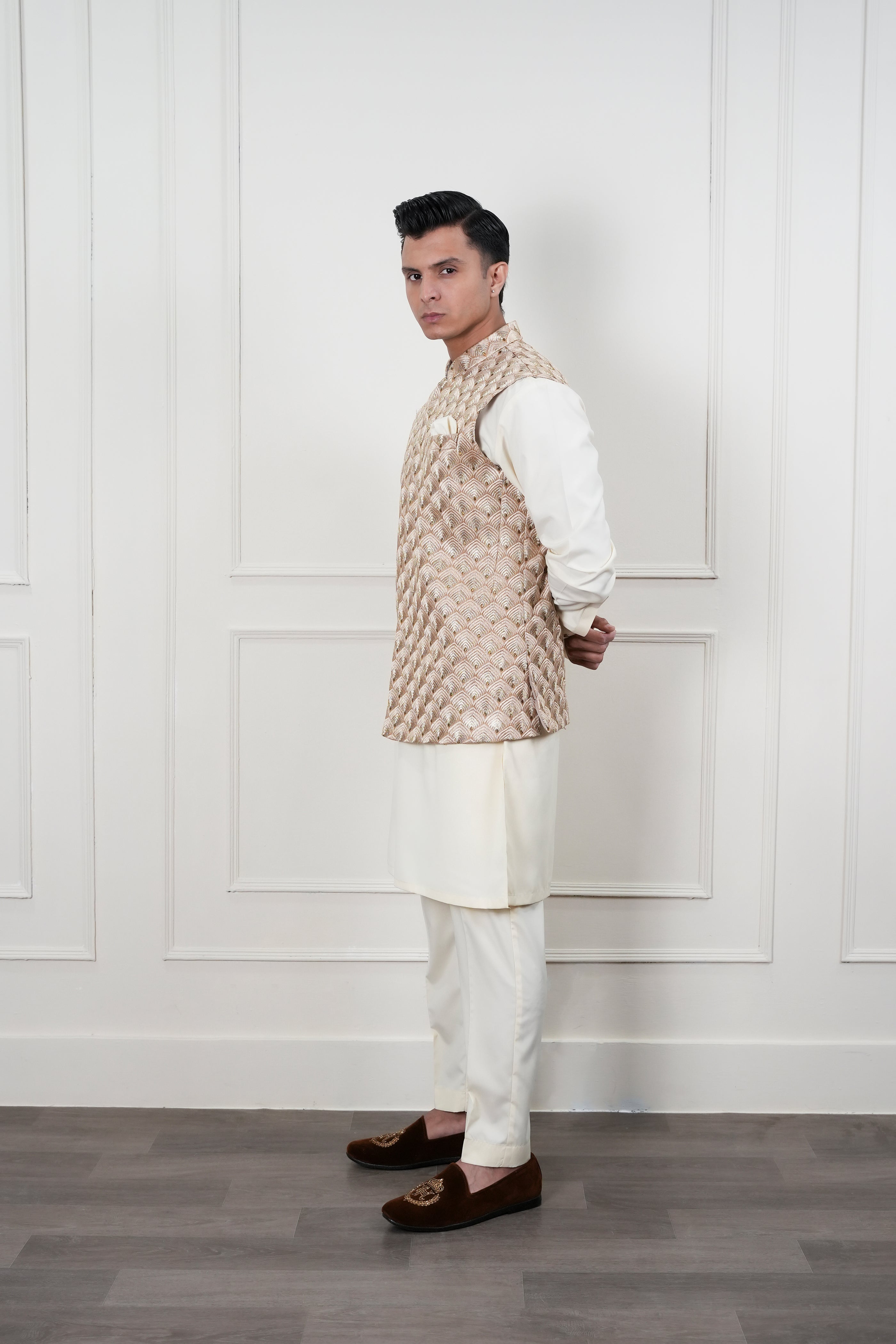 Beige Self-Embroidered Waistcoat Kurta Pajama (3-Piece) - Image 2