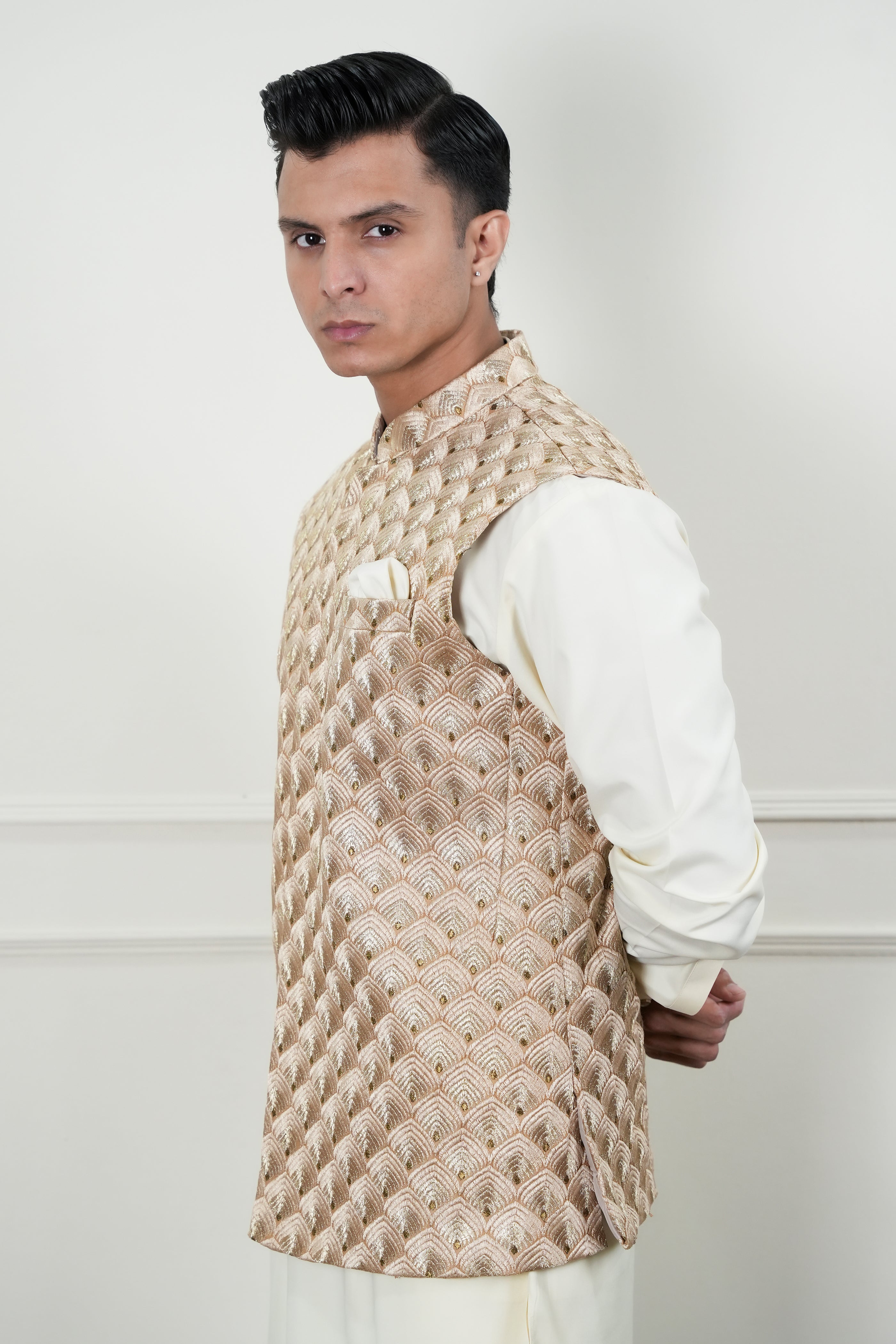 Beige Self-Embroidered Waistcoat Kurta Pajama (3-Piece) - Image 3