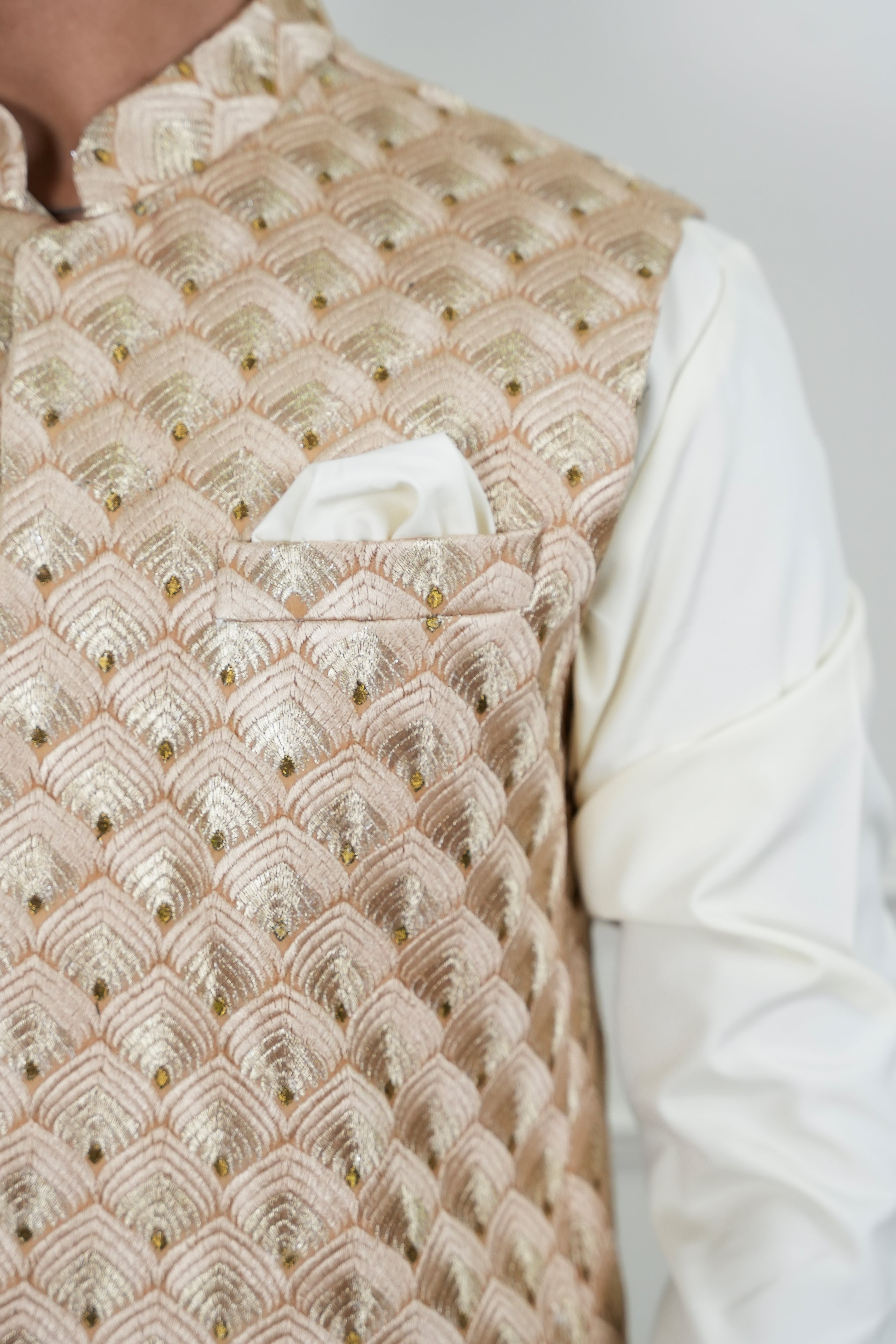 Beige Self-Embroidered Waistcoat Kurta Pajama (3-Piece) - Image 5