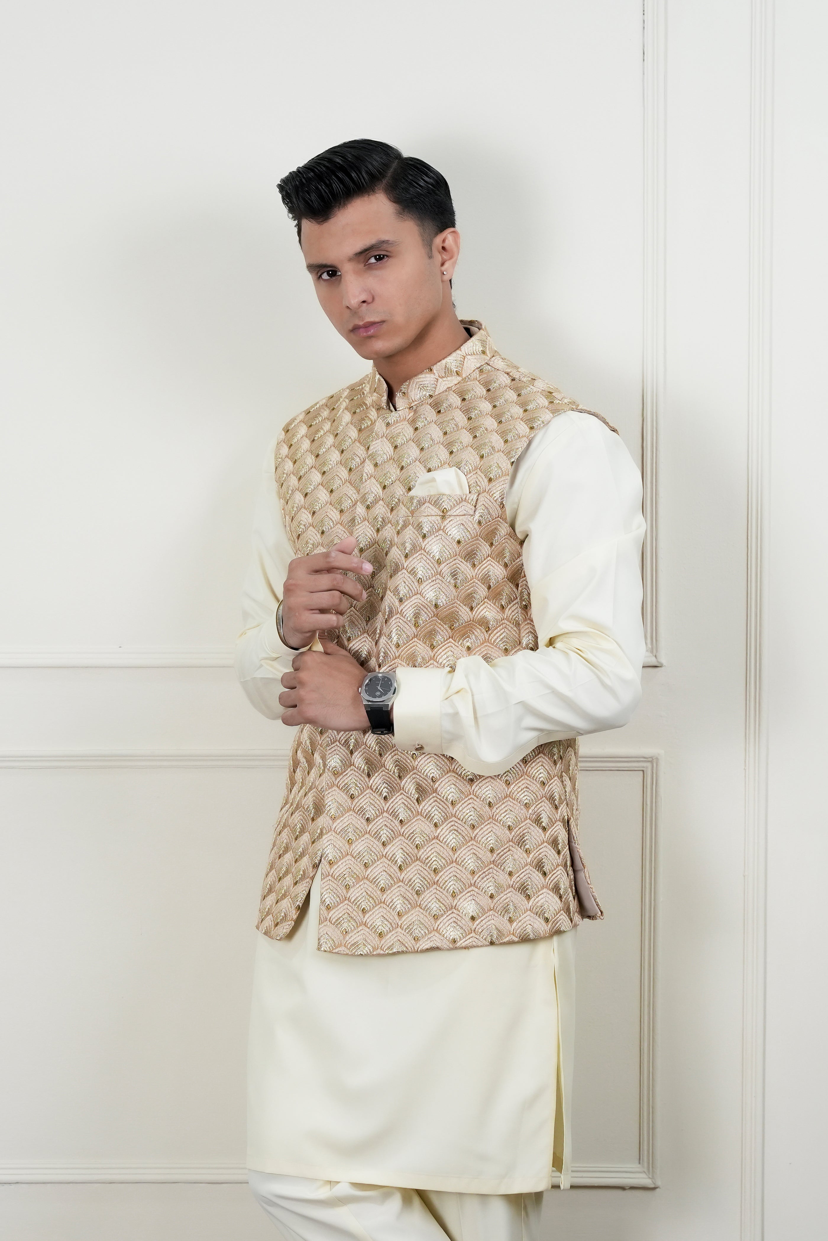 Beige Self-Embroidered Waistcoat Kurta Pajama (3-Piece) - Image 6