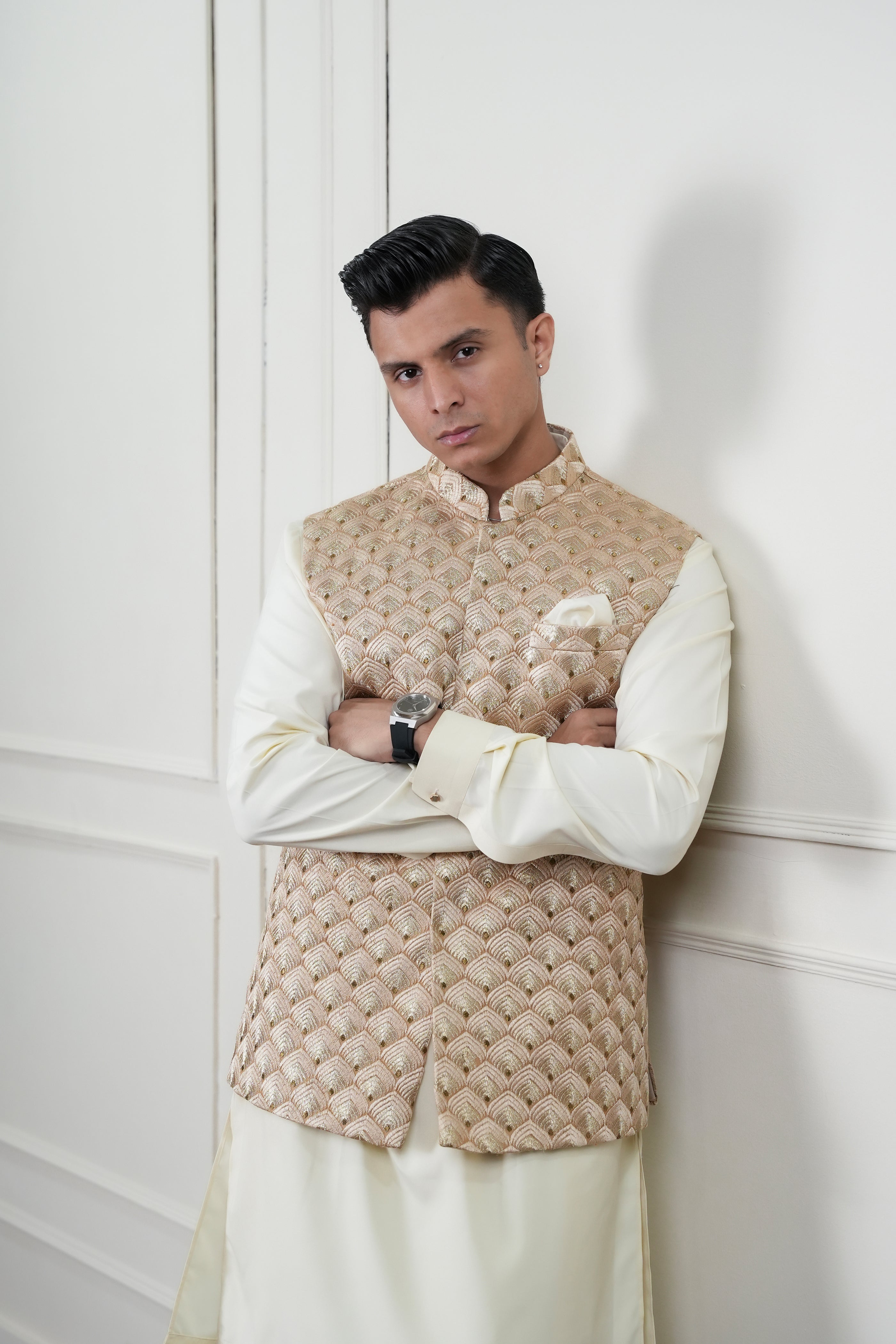 Beige Self-Embroidered Waistcoat Kurta Pajama (3-Piece) - Image 7
