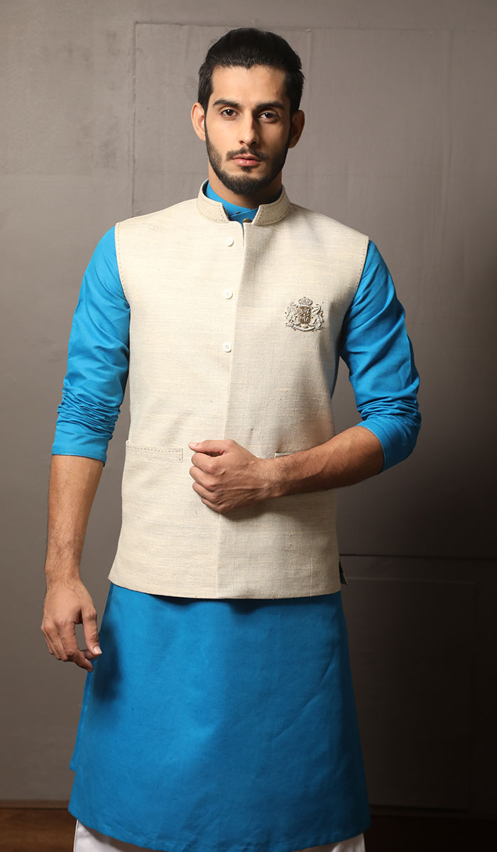 Beige Crest Embroidered Cotton Blend Waistcoat (3-Piece) - Image 1