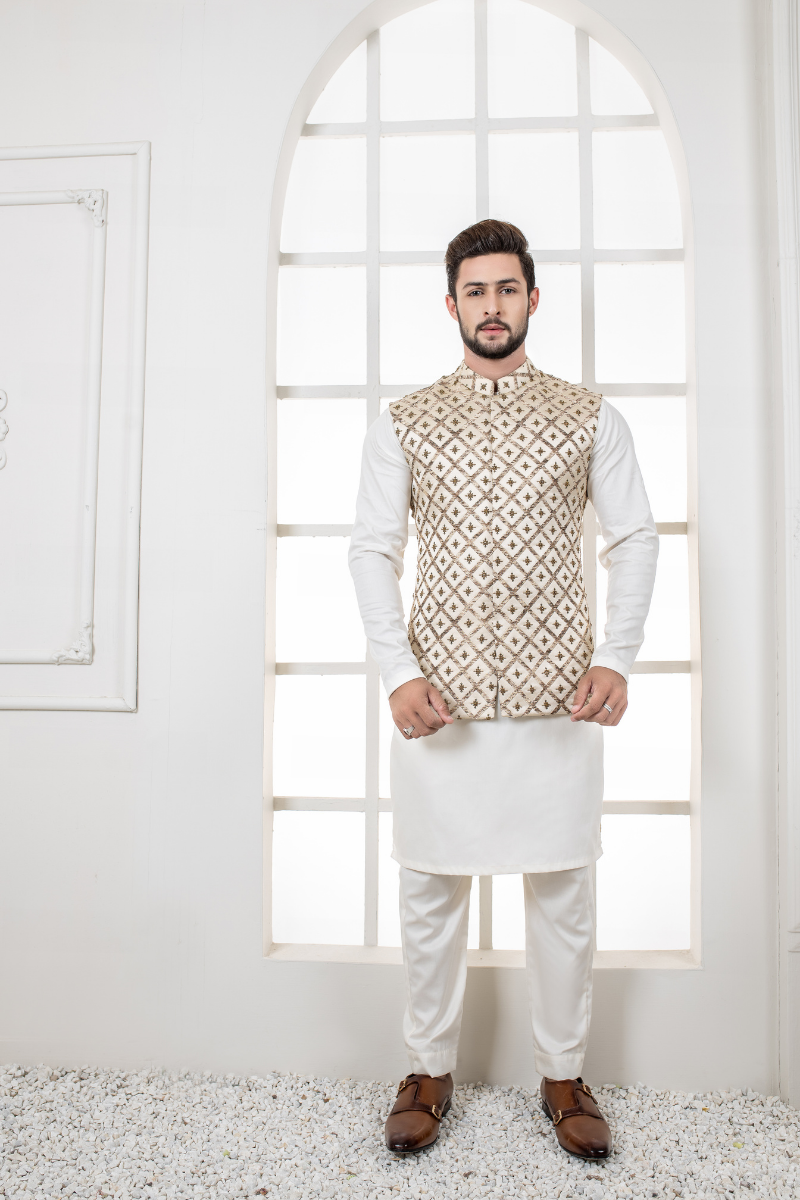 Beige Hand-Embroidered Cotton-Linen Waistcoat (3-Piece) - Image 1