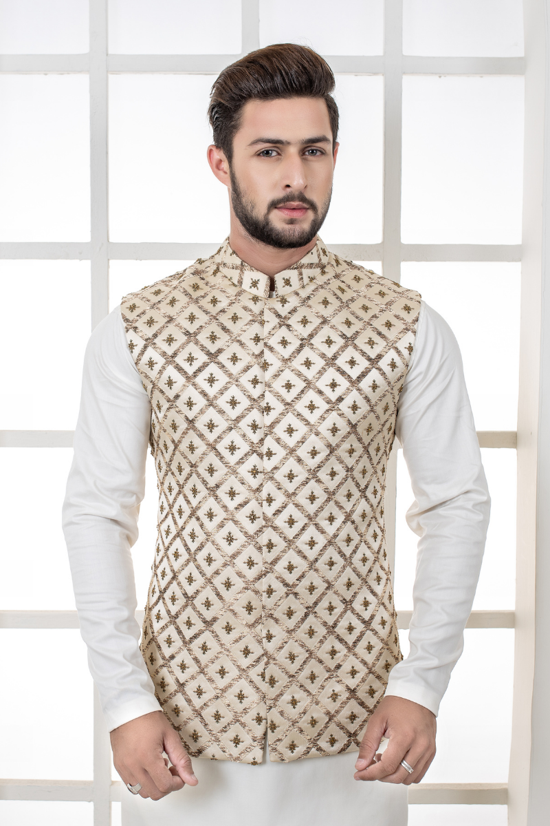 Beige Hand-Embroidered Cotton-Linen Waistcoat (3-Piece) - Image 2
