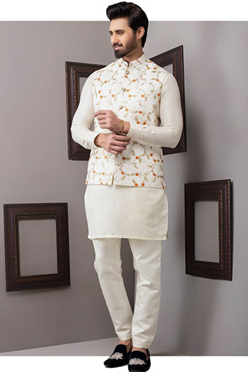 Beige Embroidered Cotton-Silk Waistcoat Kurta (3-Piece) - Image 1