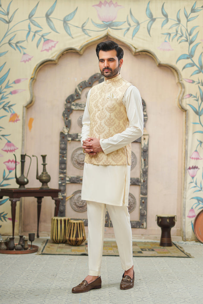 Beige Embroidered Cotton Silk Prince Coat (3-Piece) - Image 1