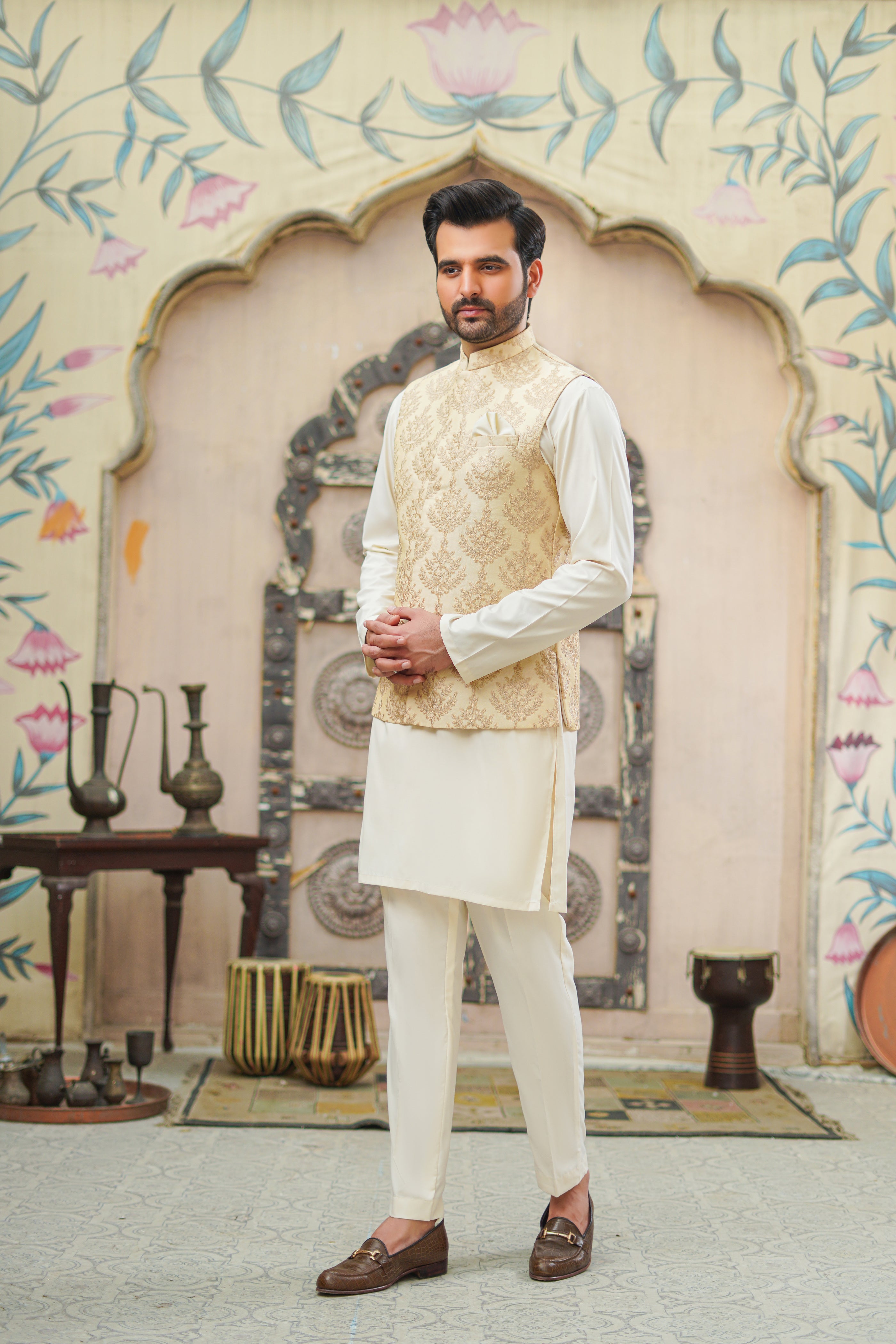 Beige Embroidered Cotton Silk Prince Coat (3-Piece) - Image 2