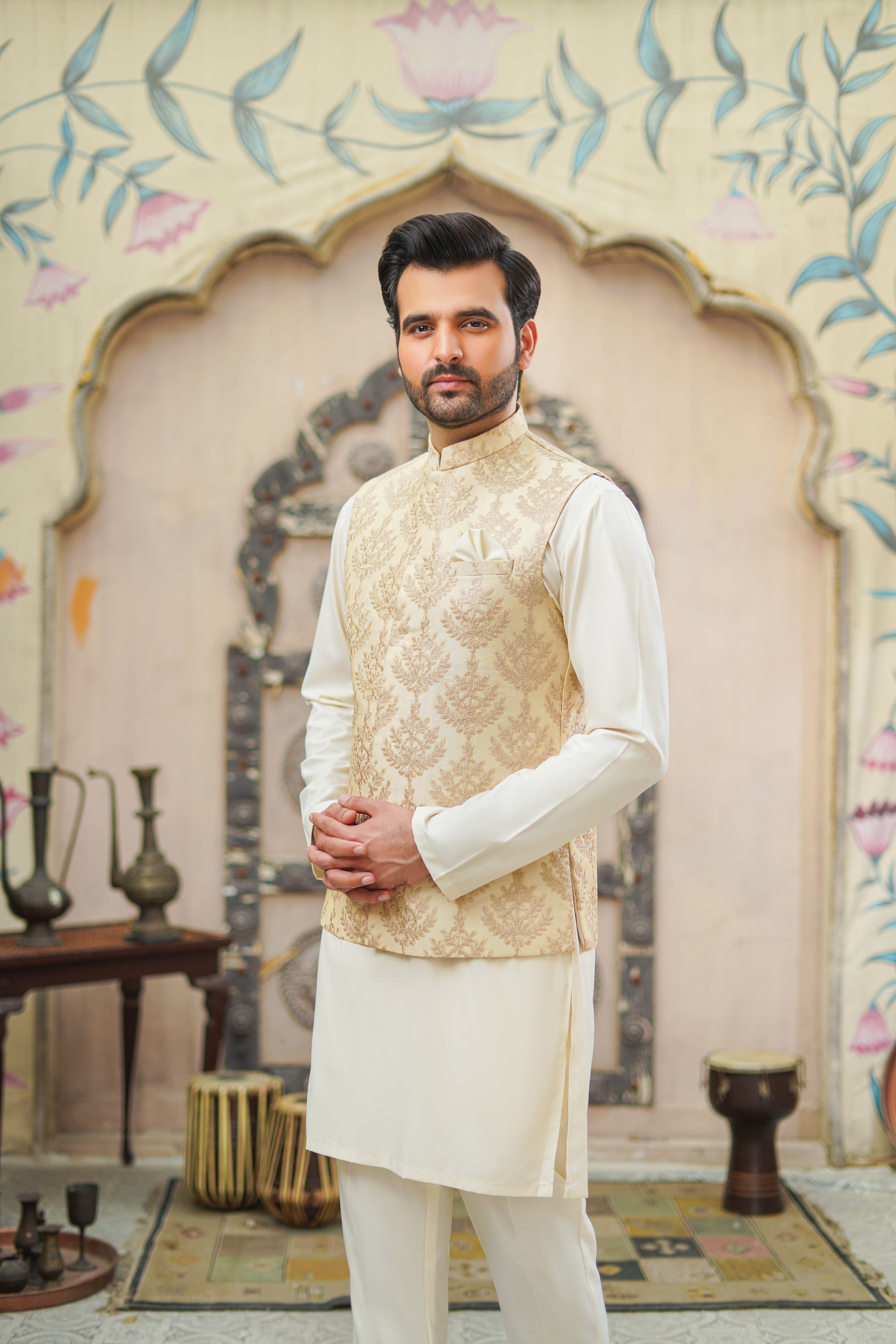 Beige Embroidered Cotton Silk Prince Coat (3-Piece) - Image 4