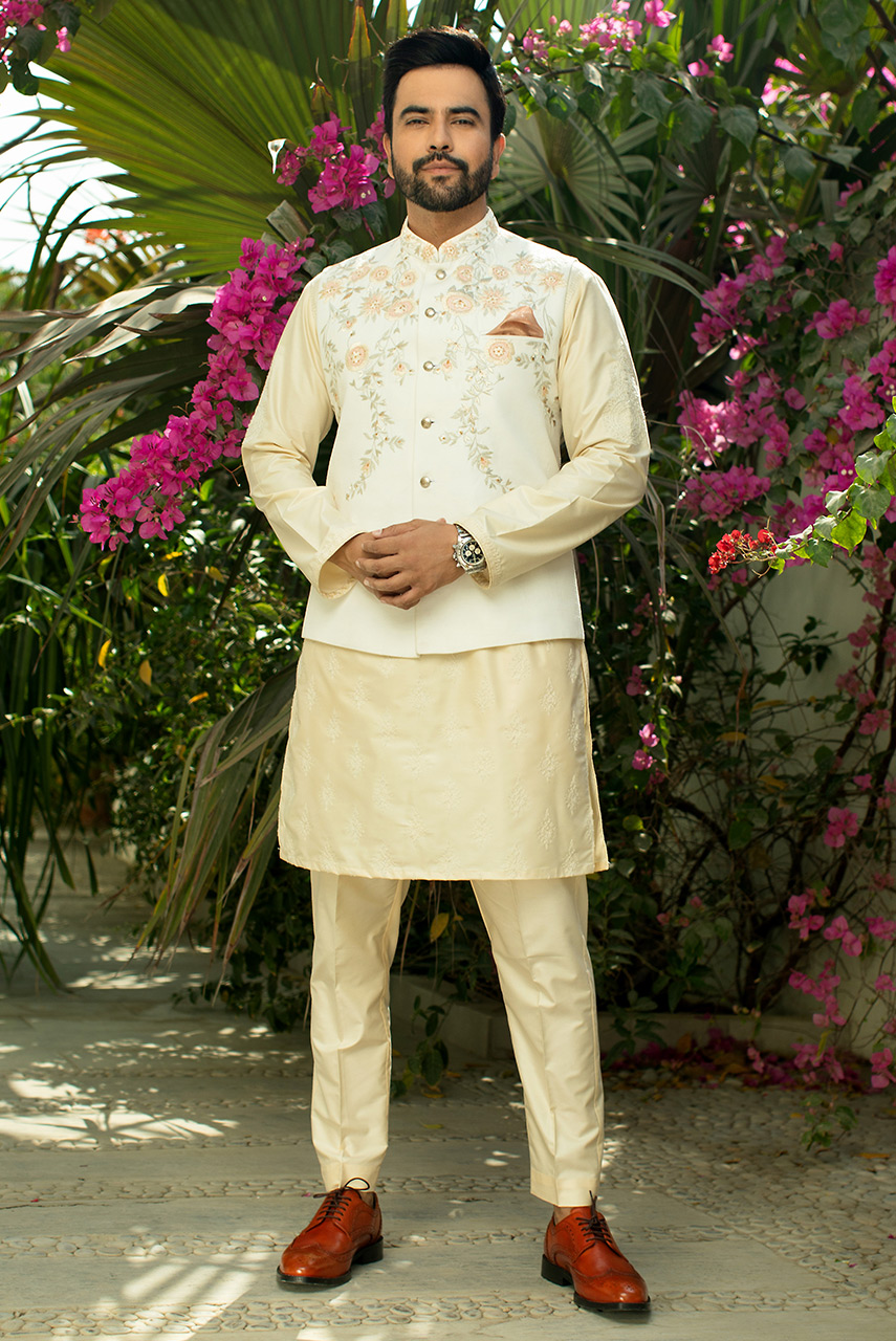 Beige Embroidered Cotton Silk Waistcoat Kurta (3-Piece) - Image 1