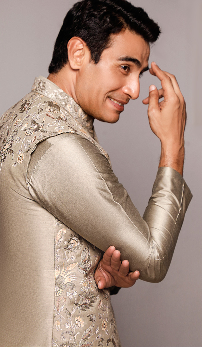 Light Ash Faun Embroidered Cotton Silk Waistcoat Kurta (3-Piece) - Image 1