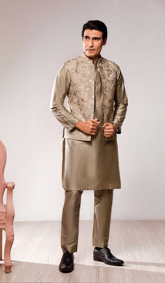 Light Ash Faun Embroidered Cotton Silk Waistcoat Kurta (3-Piece) - Image 2