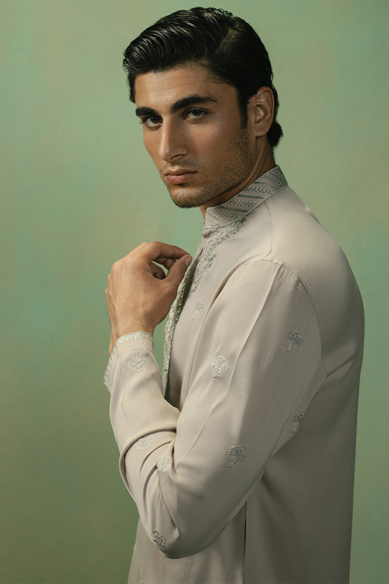 Pastel Beige Embroidered Cotton-Silk Kurta Pajama (3-Piece) - Image 2