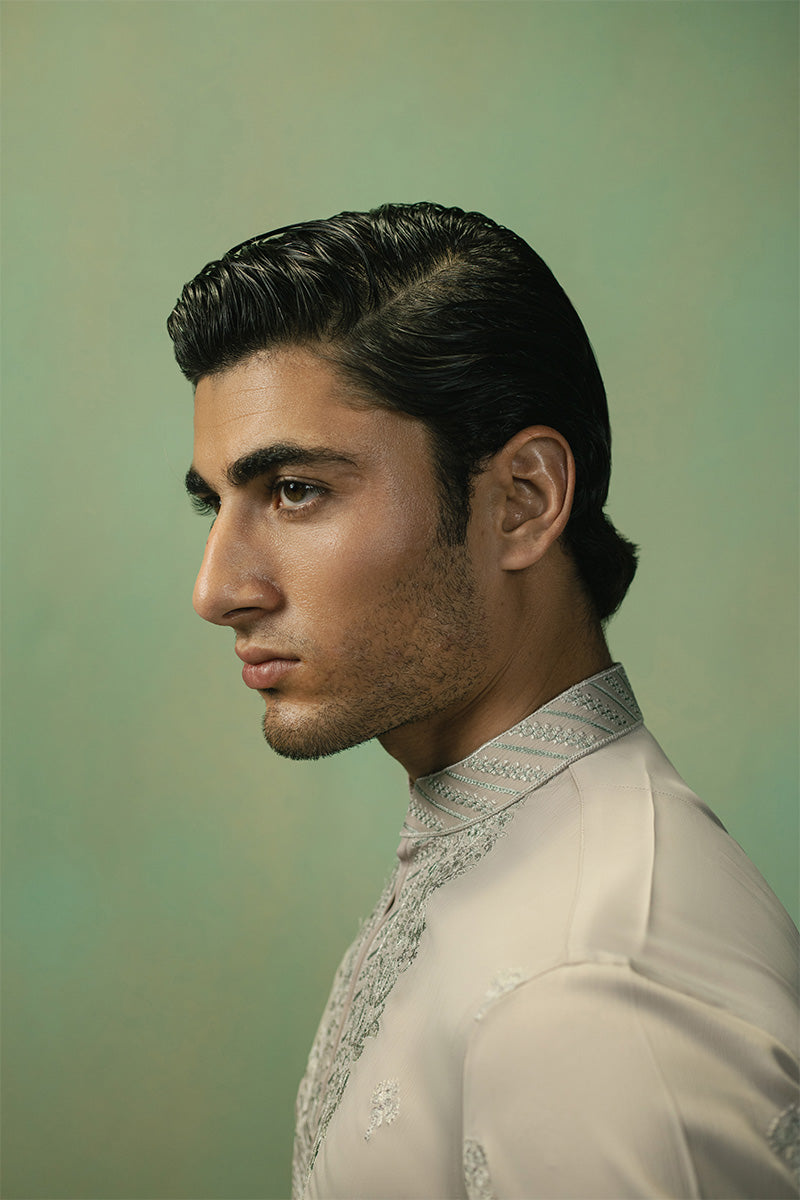 Pastel Beige Embroidered Cotton-Silk Kurta Pajama (3-Piece) - Image 5