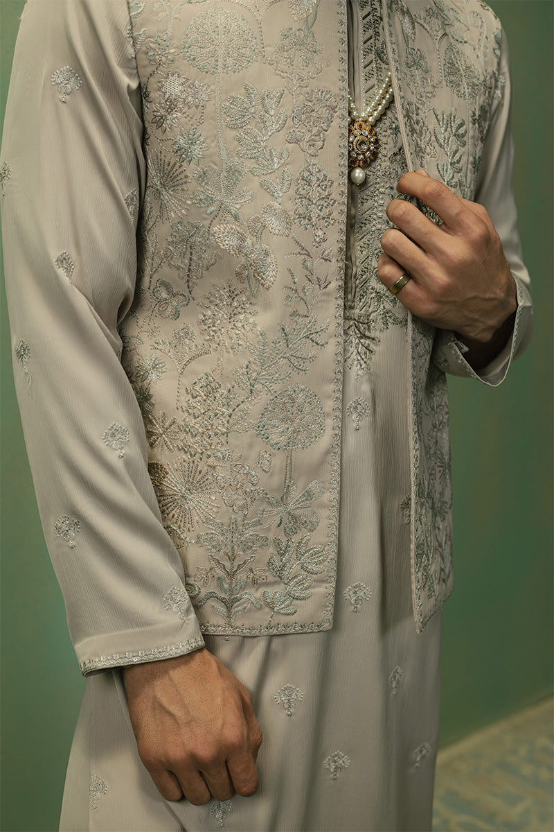 Pastel Beige Embroidered Cotton-Silk Kurta Pajama (3-Piece) - Image 3