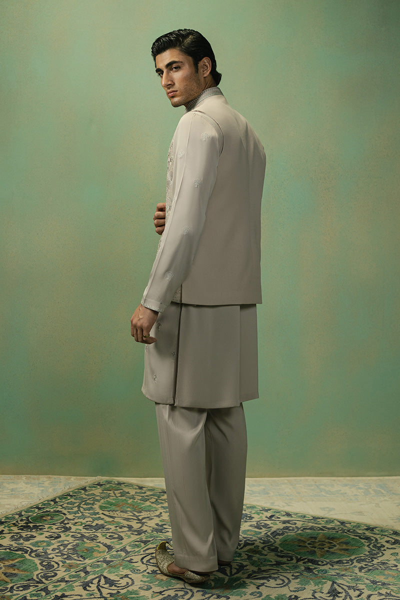 Pastel Beige Embroidered Cotton-Silk Kurta Pajama (3-Piece) - Image 6